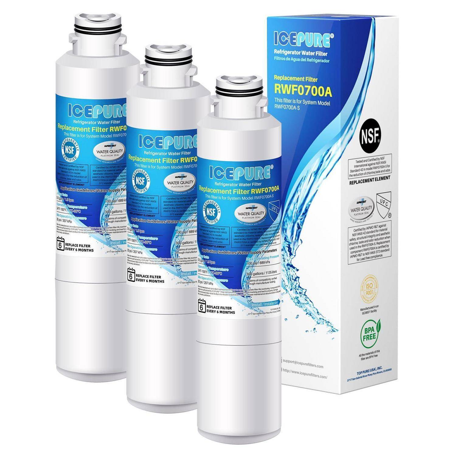 Dreierpack Icepure-Kühlschrankwasserfilter mit blau-weiß gemusterte Verpackung und eine Einzelhandelsbox mit der Bezeichnung RWF0700A.