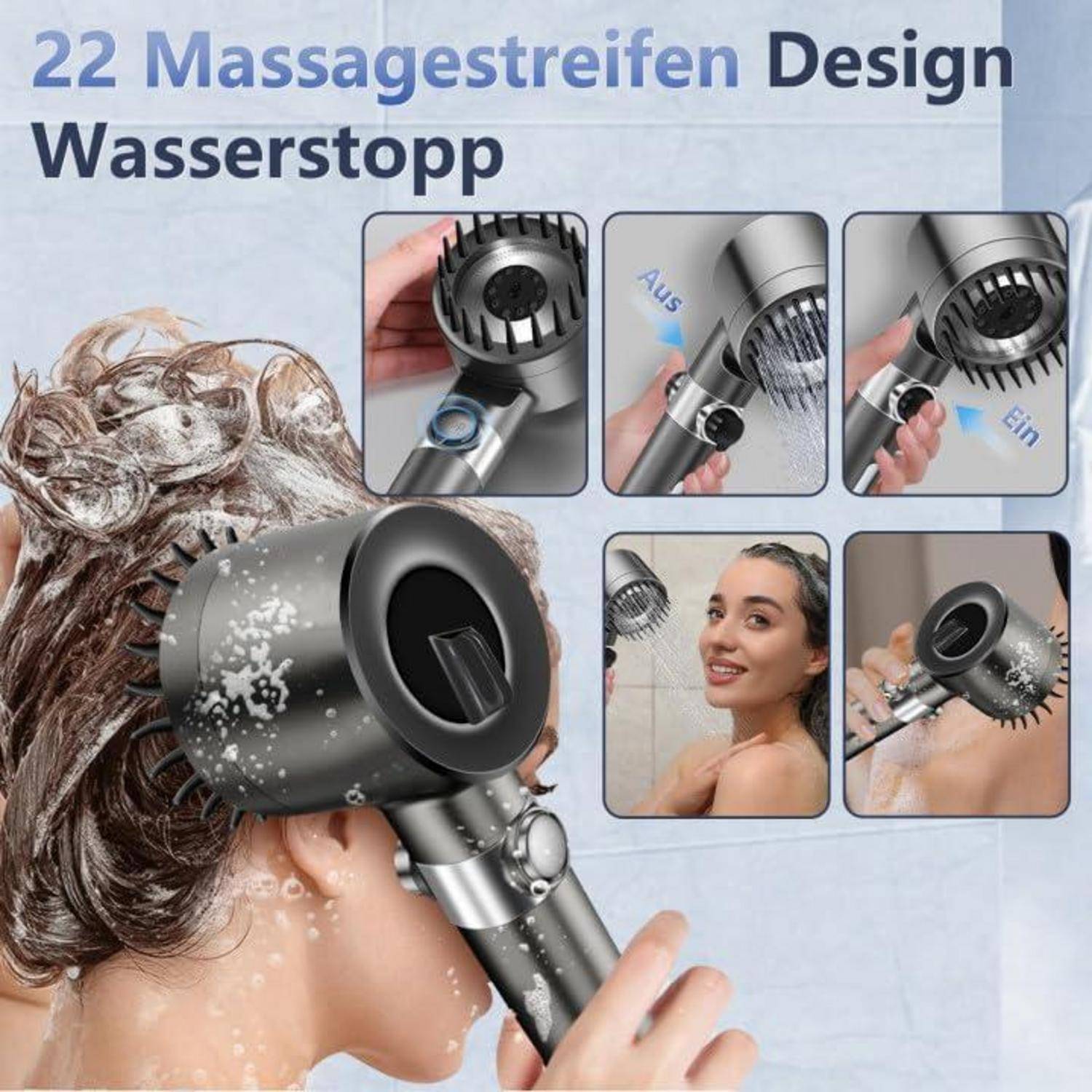 Duschkopf,Hochspannung Handbrause mit Kopfmassage,Filtration Sichtbar Sparduschkopf Wassersparend mit 1,5 m Schlauch, Drei-Modus-Tasteneinstellung