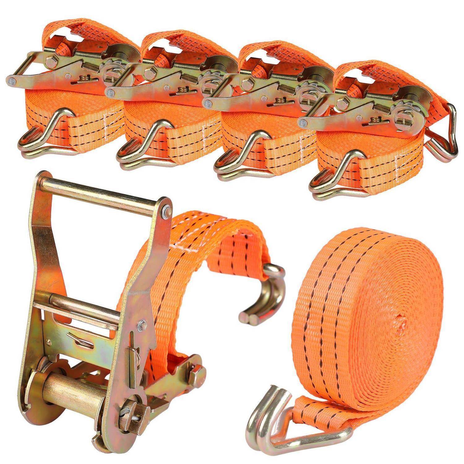 Orange Spannratschen-Zurrgurte mit Metallhaken und Ratchet-Schnallen, gezeigt in aufgerollter und angespannter Form zum Sichern von Ladung.