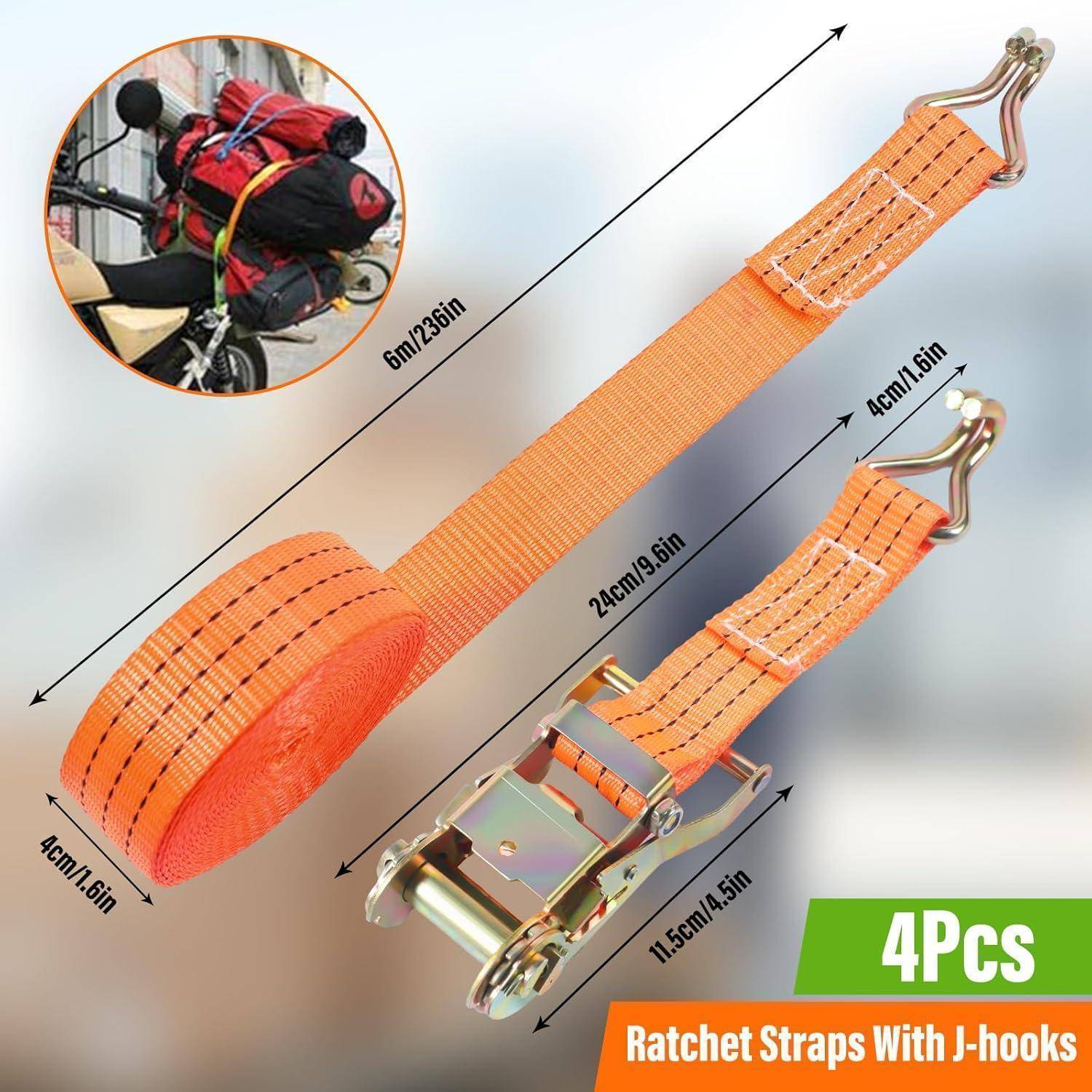 Orange Ratschenhebel-Spanngurt mit J-Haken in zwei Größen dargestellt, einschließlich eines beladenen Fahrrad-Beispiels und Text „4er-Set