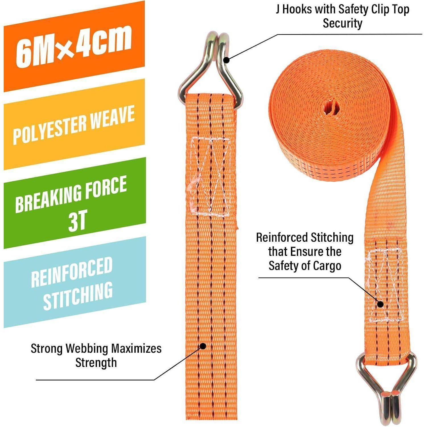 Darstellung eines orangefarbenen Polyester-Ladungsgurts mit J-Haken, gekennzeichnet 6M x 4cm, Bruchkraft 3T, verstärkte Nähte und Sicherungsclip an der Oberseite.