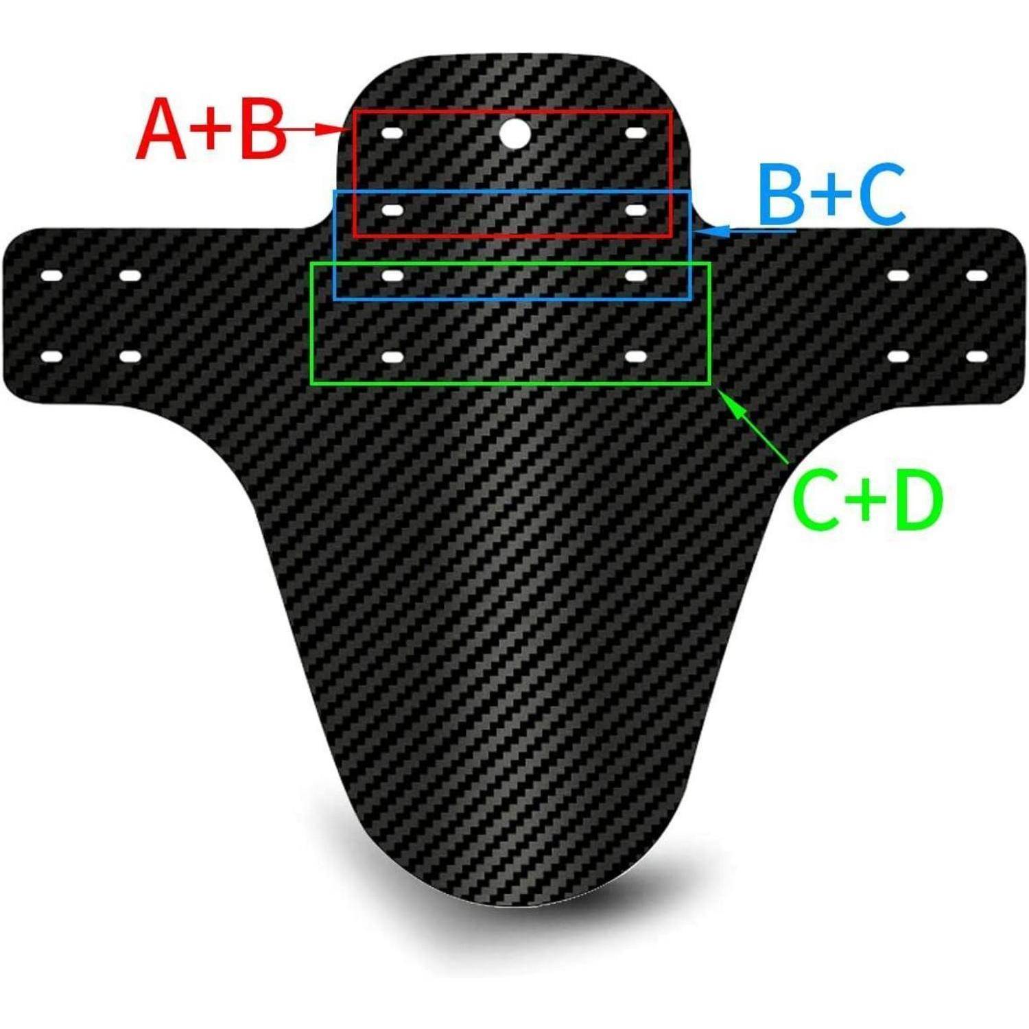 Diagramm eines Kohlefaser-Karosseriepanels mit Lochpositionen in farbigen Kästchen mit den Bezeichnungen A+B, B+C und C+D.