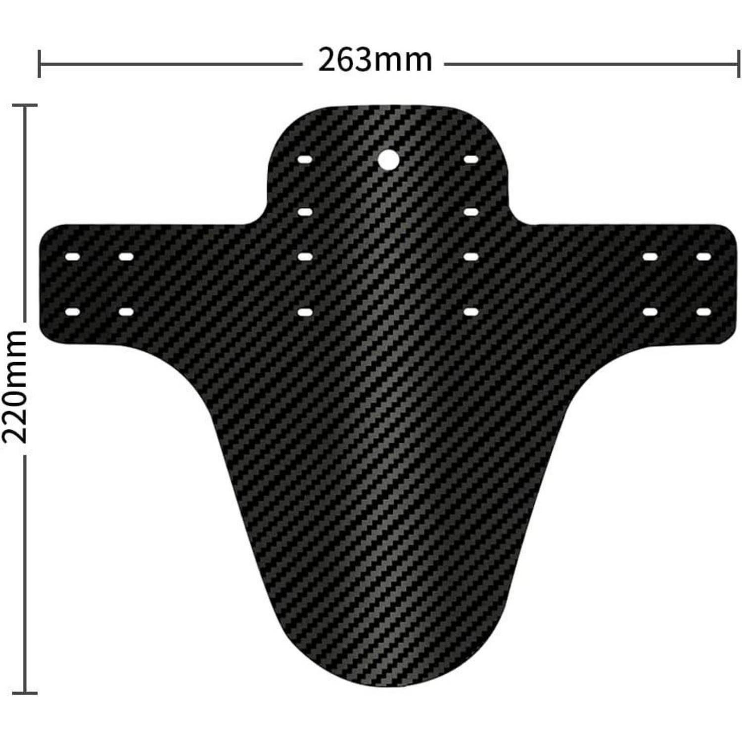 Schwarz gehaltene Kotflügel-/Schutzblech-Schablone im Kohlefaser-Stil für Motorräder mit Befestigungslöchern, dimensioniert 263 mm breit x 220 mm hoch.