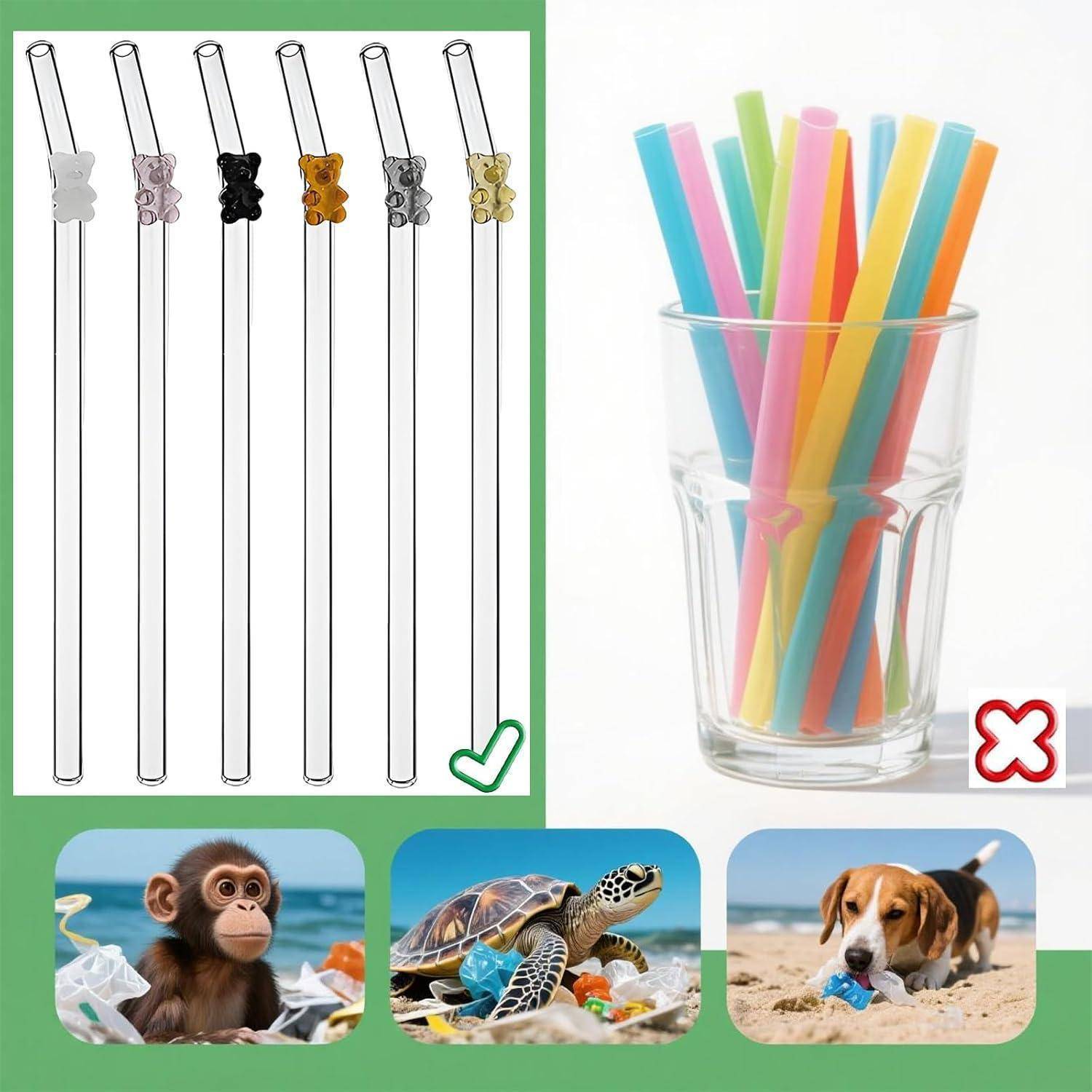Grafik mit wiederverwendbaren Glashalmen mit tierfömigen Clips im Kontrast zu Einwegkunststoffhalmen in einem Becher und Strandfotos von Wildtieren, die durch Kunststoffmüll geschädigt wurden.