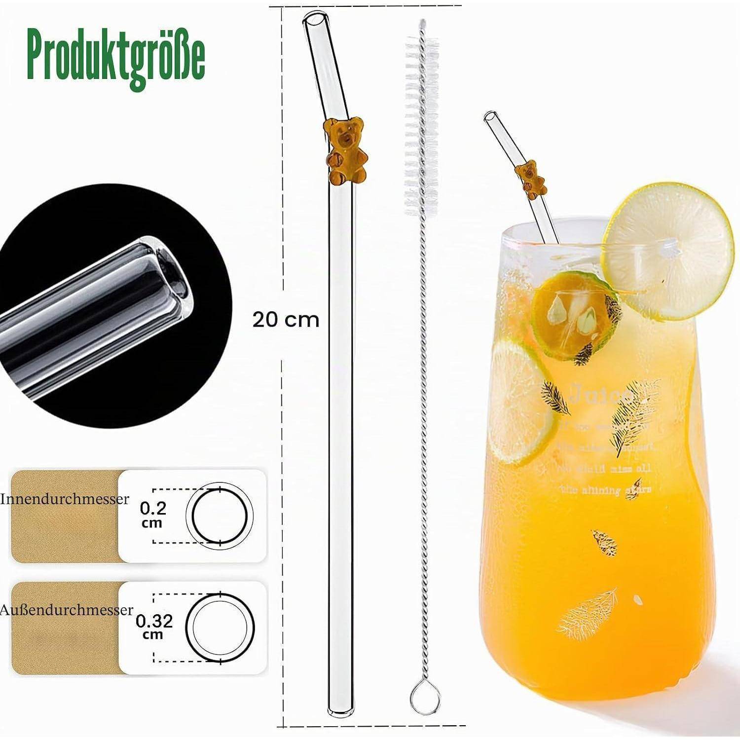 Produktbild eines 20 cm langen Glashalms und einer Reinigungsbürste, das die Halmdurchmesser mit 0,2 cm Innendurchmesser und 0,32 cm Außendurchmesser zeigt, mit dem Halm in einem Getränk.