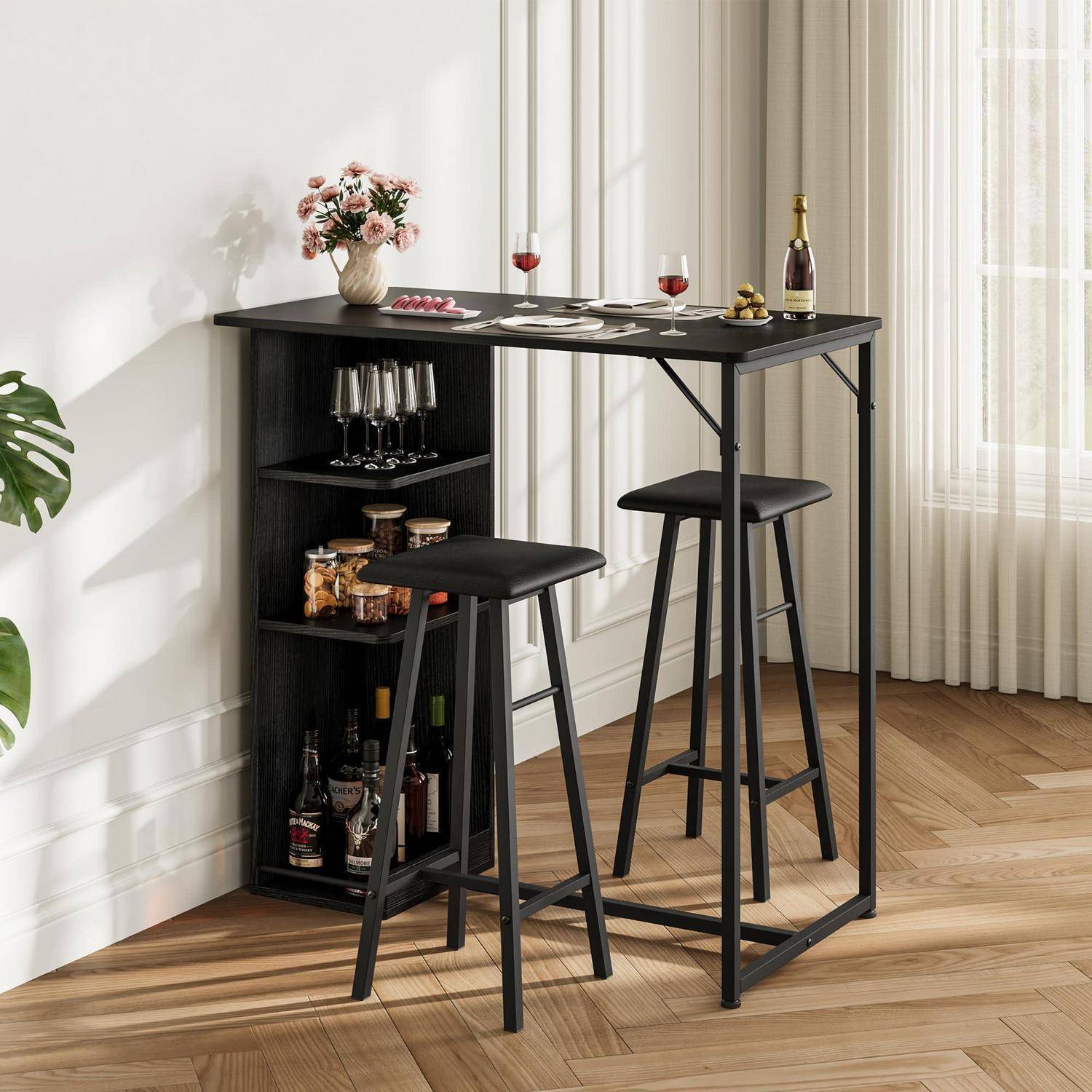 Litake Bartisch Set, Tresentisch mit 2 PU Barhocker, Esstisch Stehtisch mit Weinglashalter & Ablage, Küchentisch im Industrie-Stil, Stehtisch für Ba