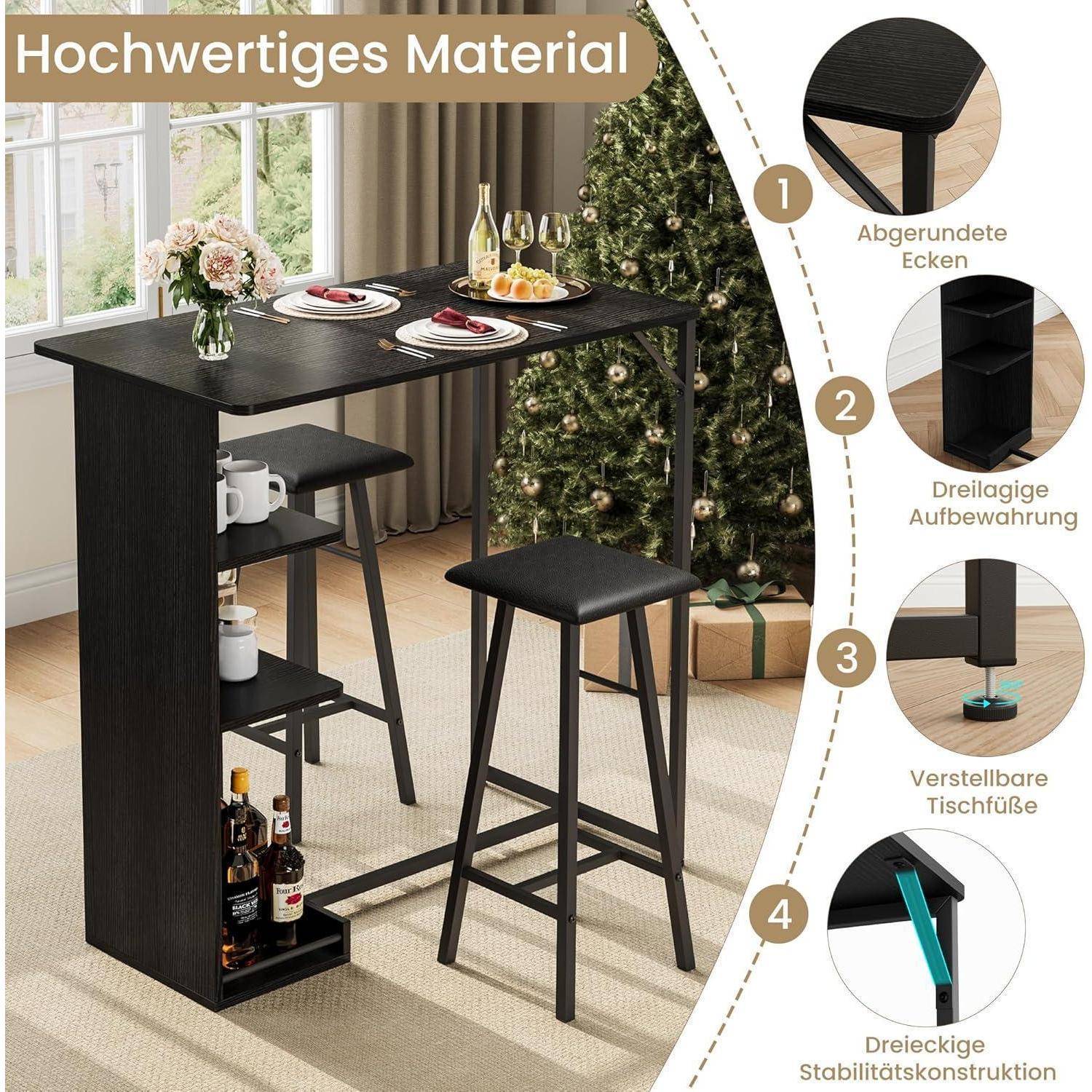 Litake Bartisch Set, Tresentisch mit 2 PU Barhocker, Esstisch Stehtisch mit Weinglashalter & Ablage, Küchentisch im Industrie-Stil, Stehtisch für Ba