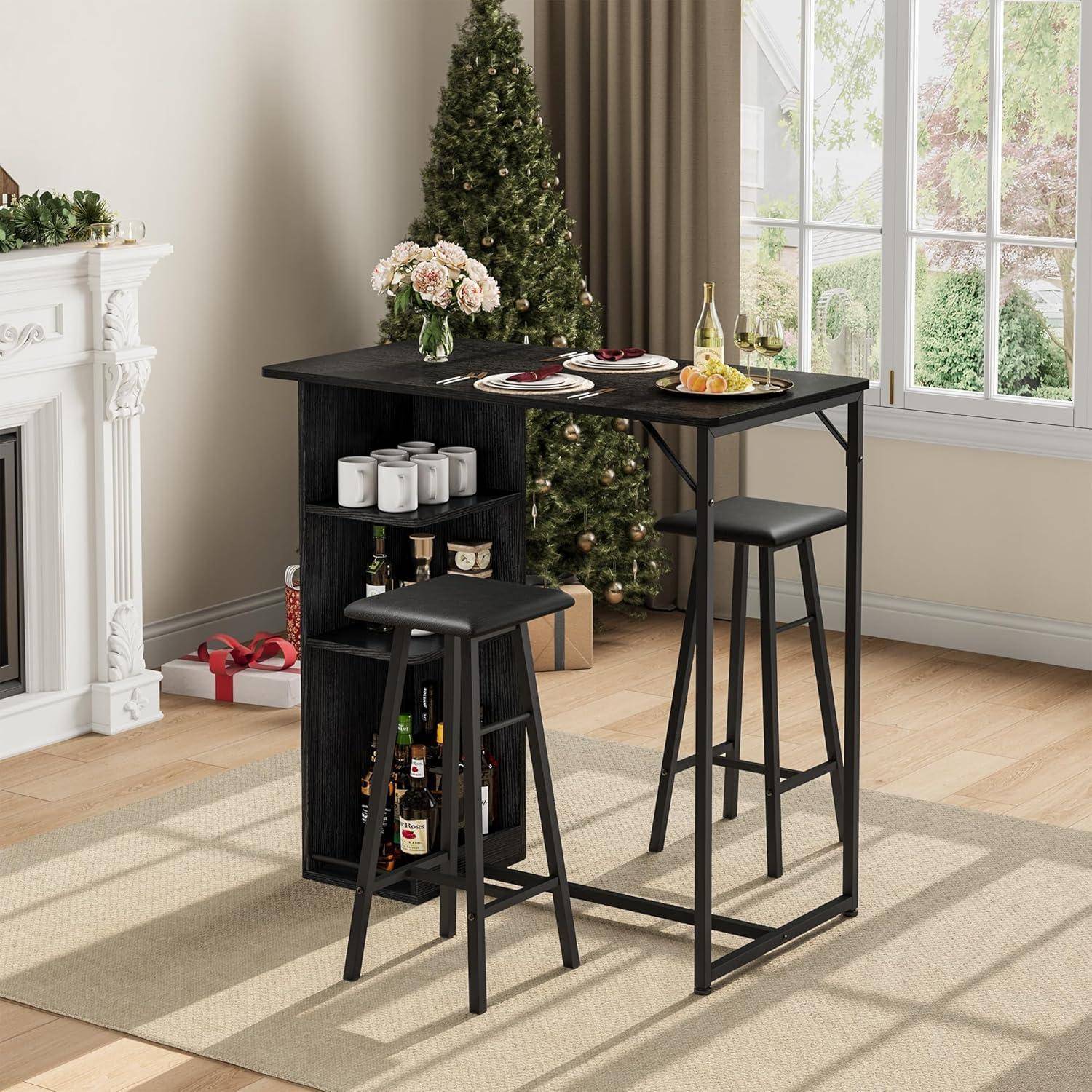 Litake Bartisch Set, Tresentisch mit 2 PU Barhocker, Esstisch Stehtisch mit Weinglashalter & Ablage, Küchentisch im Industrie-Stil, Stehtisch für Ba