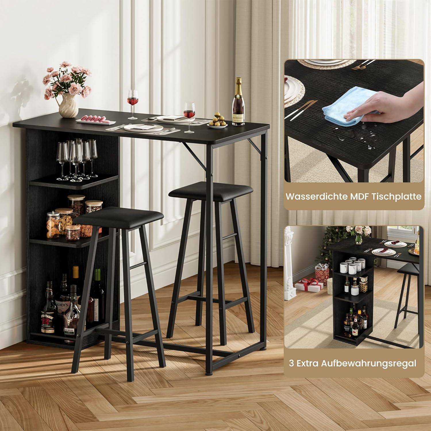 Litake Bartisch Set, Tresentisch mit 2 PU Barhocker, Esstisch Stehtisch mit Weinglashalter & Ablage, Küchentisch im Industrie-Stil, Stehtisch für Ba