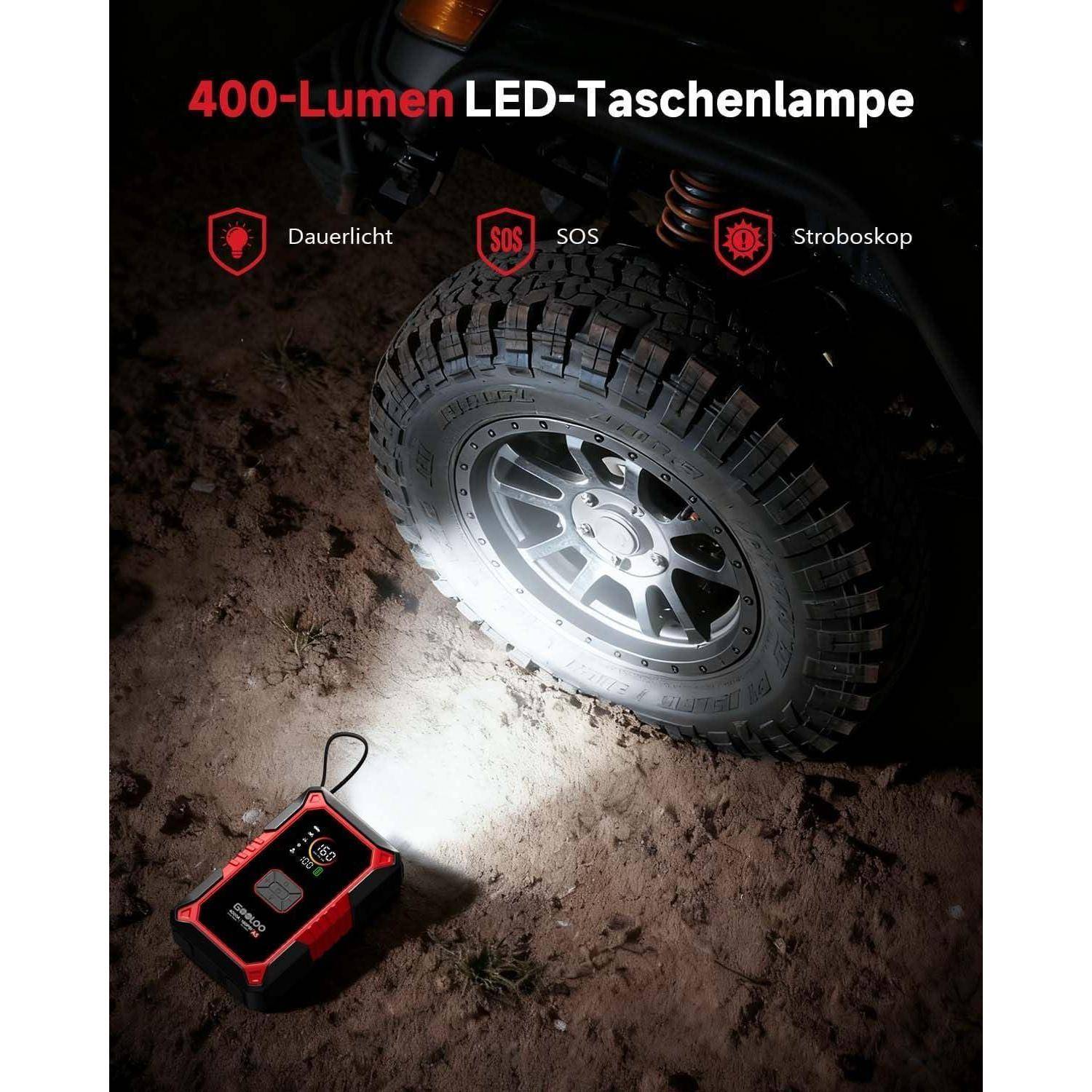 # 400-Lumen-LED-Taschenlampe beleuchtet nachts einen Fahrzeugreifen, mit den Modi 