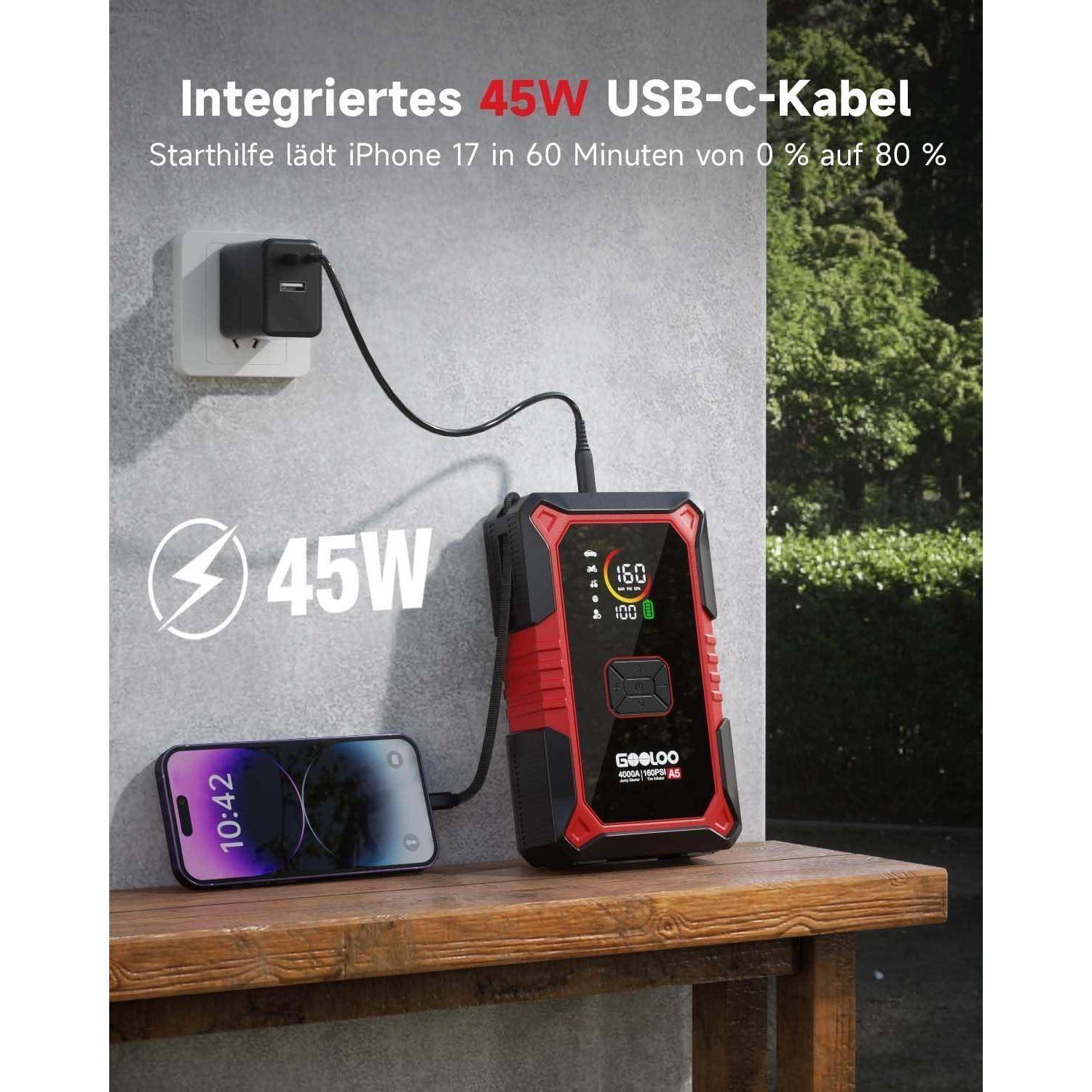 Werbebild einer robusten Powerbank mit integriertem USB-C-Kabel, das ein Telefon lädt; der Text lautet „Integriertes 45W USB-C-Kabel