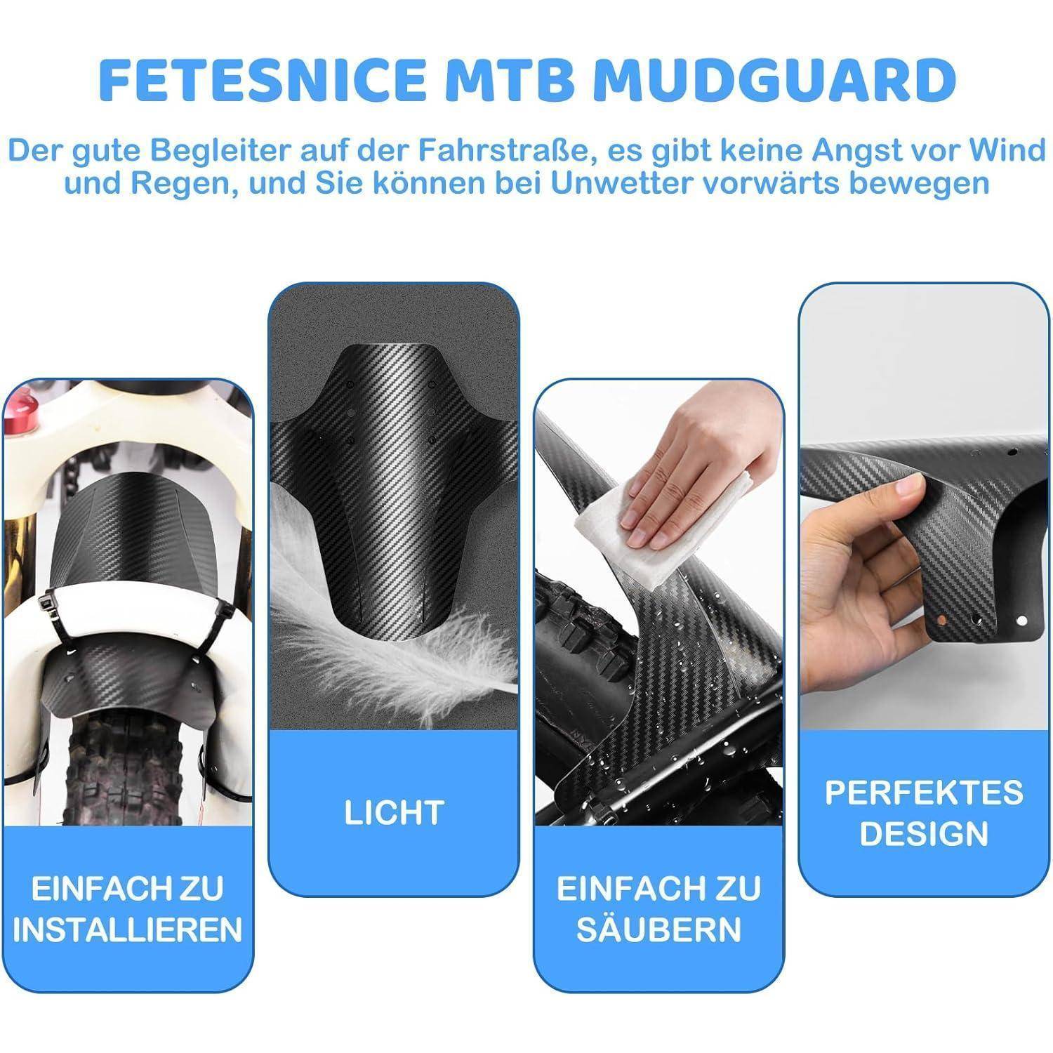 Werbegrafik für „FETESNICE MTB SCHUTZBLECH" mit einem Mountainbike-Schutzblech im Carbon-Look und vier Funktionspanelen: einfache Installation, leicht, leicht zu reinigen und perfektes Design.