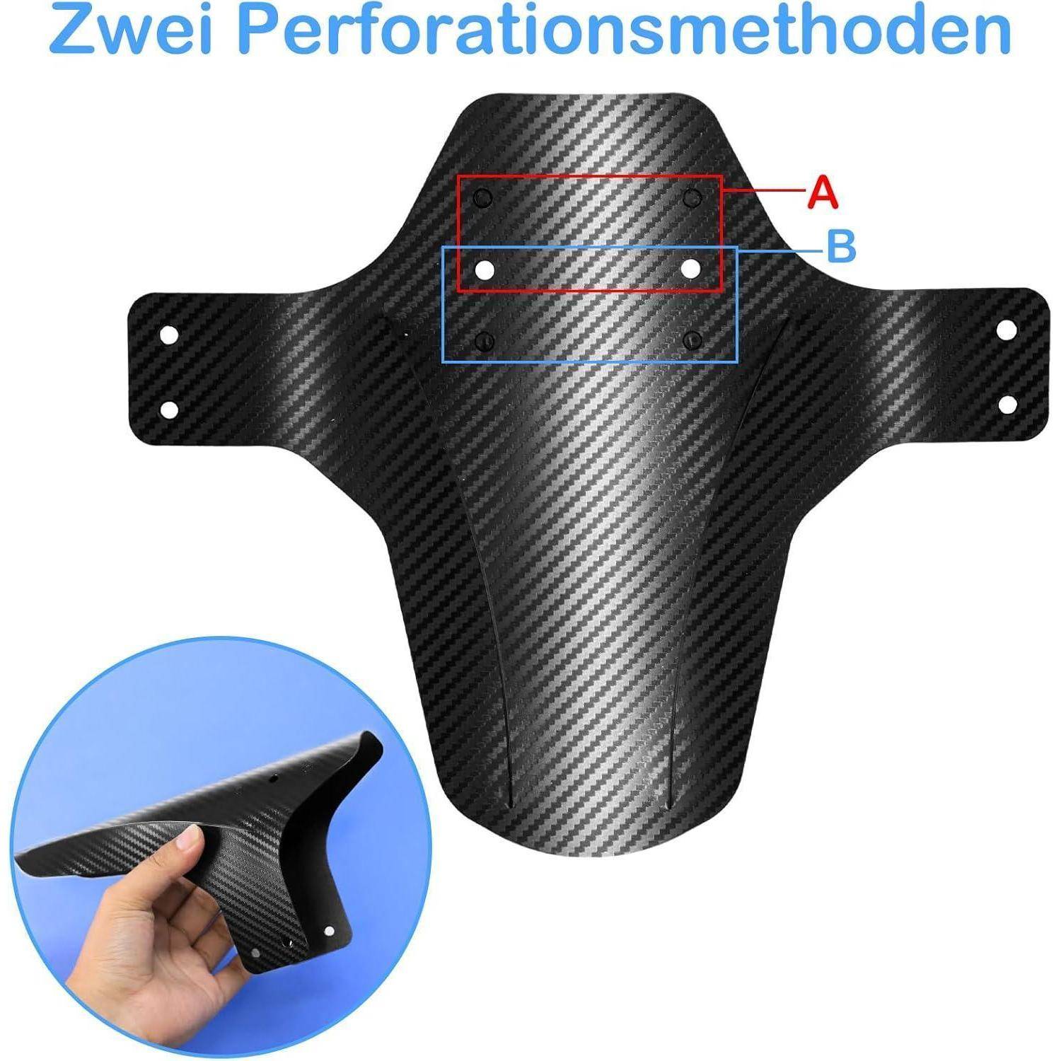 Illustration einer Kohlefaser-Optik-Motorrad-/Fahrradstoßstange mit dem Titel „Zwei Perforationsmethoden", die zwei gekennzeichnete Bohr-Methoden zeigt, die mit A und B gekennzeichnet sind, sowie ein Foto mit einer Hand, die das Teil in einem Ausschnitt hält.