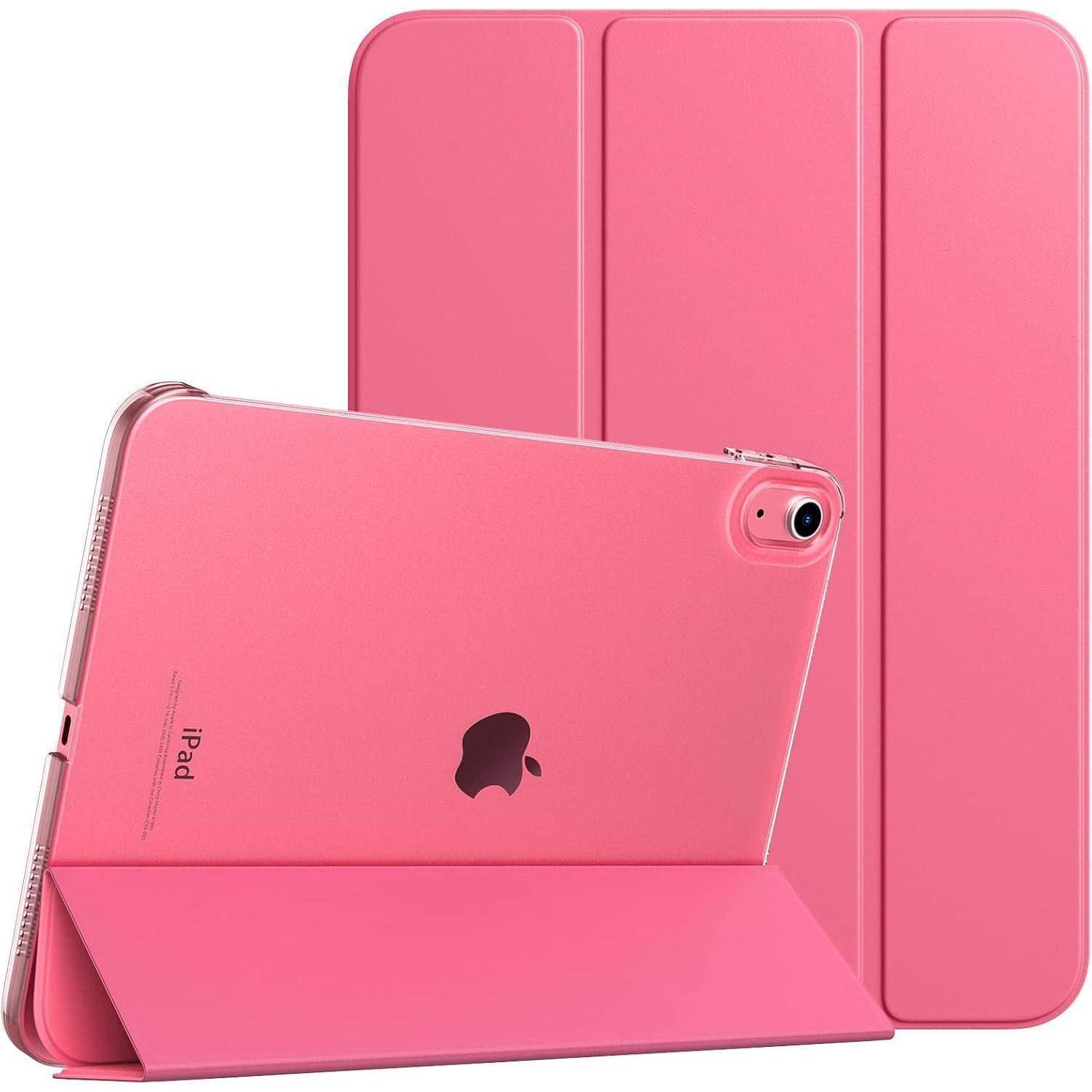 Rosa iPad in einem Klappenständer-Etui, von vorne und hinten gezeigt, mit sichtbarem Apple-Logo.