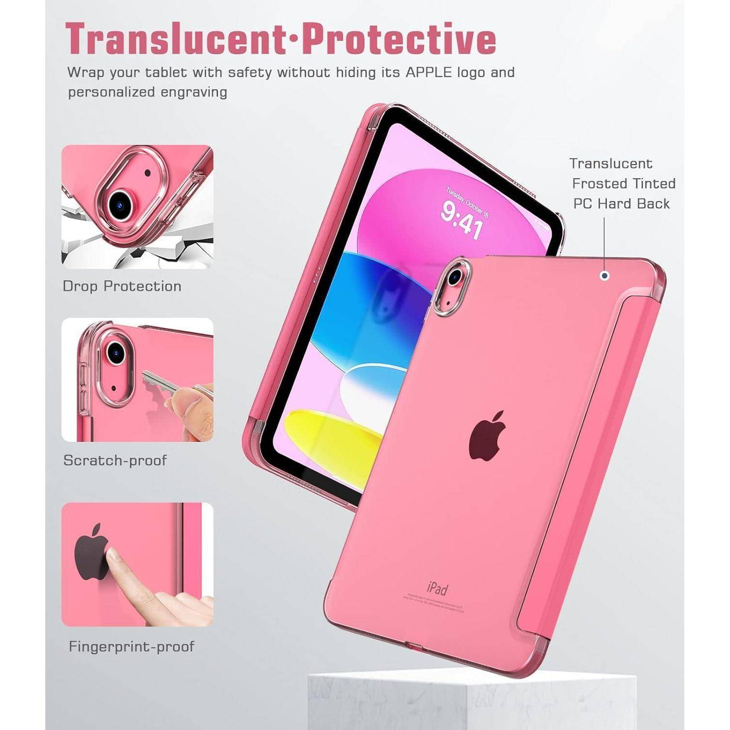 Rosa durchsichtiges iPad-Schutzetui, das auf einem iPad gezeigt wird und Schutz vor Stürzen, Kratzern und Fingerabdrücken mit matter harter Rückseite und Sichtbarkeit des Apple-Logos hervorhebt.