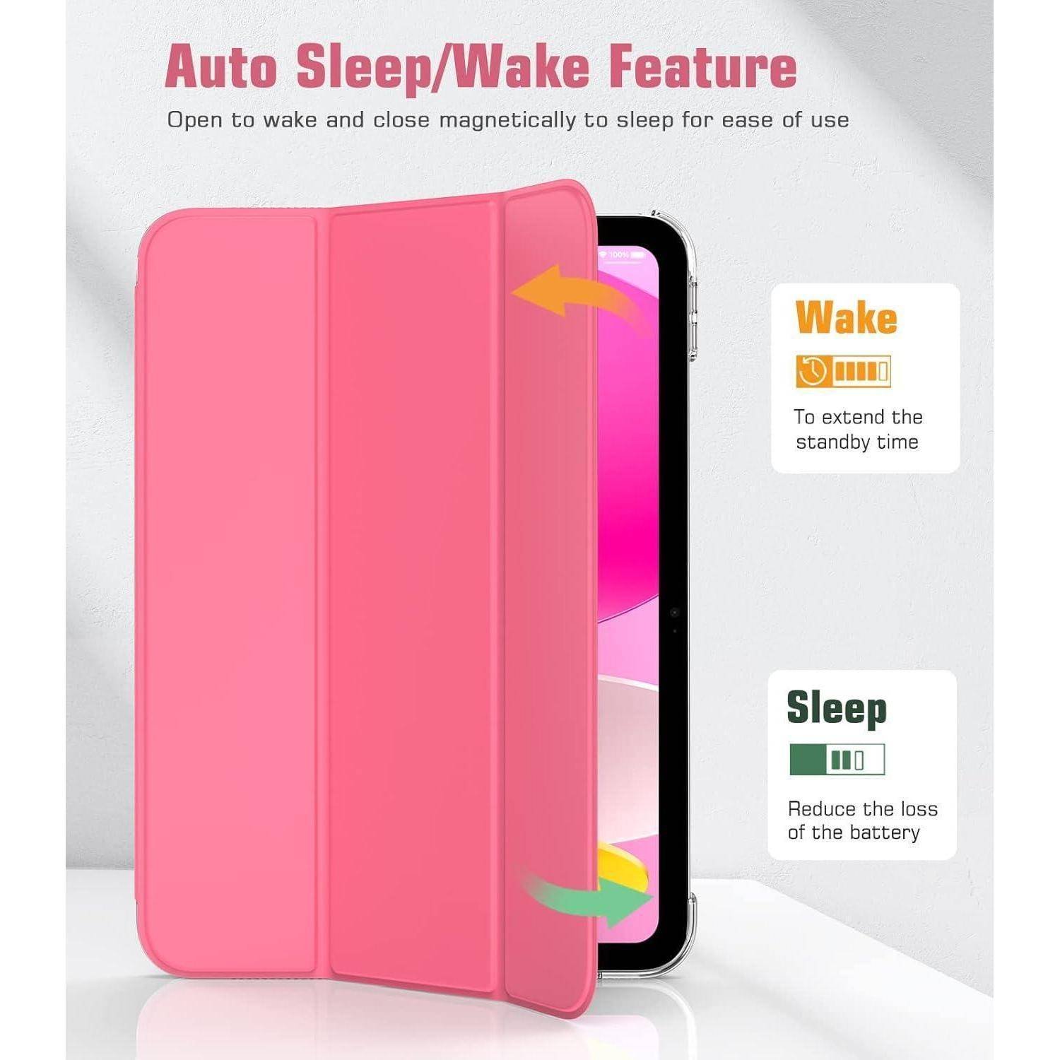 Rosafarbenes magnetisches Tablet-Etui, das zum Aufwachen öffnet und zum Einschlafen des Geräts schließt; Text vermerkt 'Auto Sleep/Wake Feature' und stromsparenden Schlafmodus.