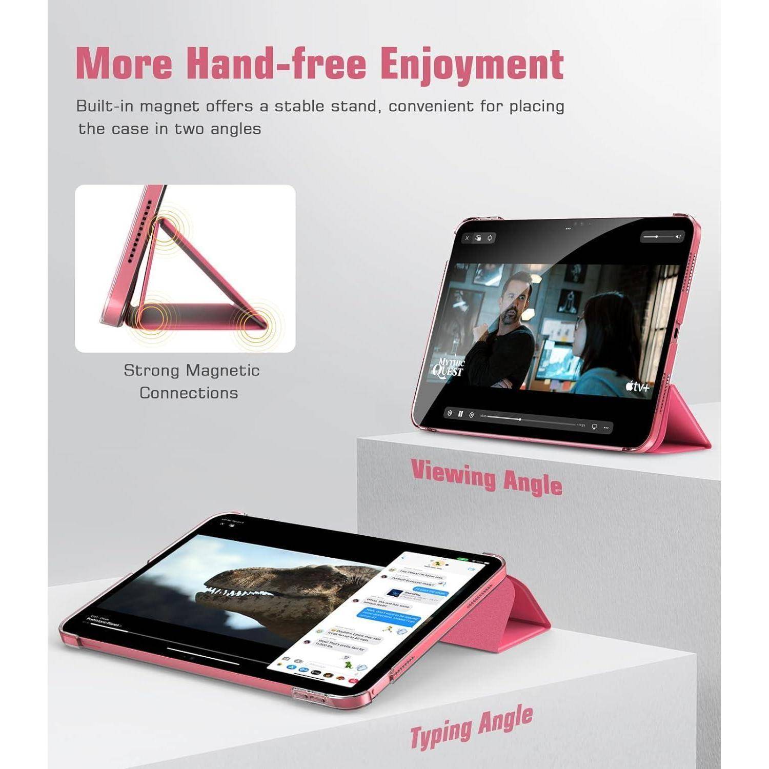 Magnetischer zusammenklappbarer Tablet-/Telefonständer, der zwei Betrachtungswinkel unterstützt: eine aufrechte Position zum Anschauen und eine niedrigere Position zum Tippen.
