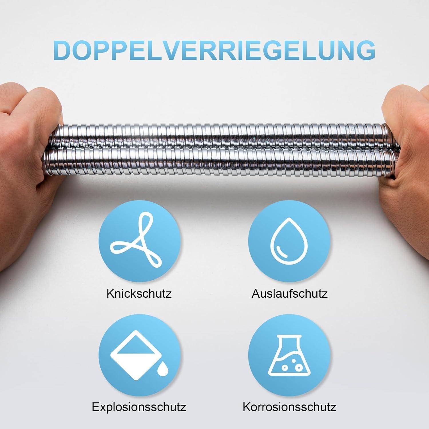 Hände halten einen flexiblen Metallschlauch mit der Bezeichnung „DOPPELVERRIEGELUNG
