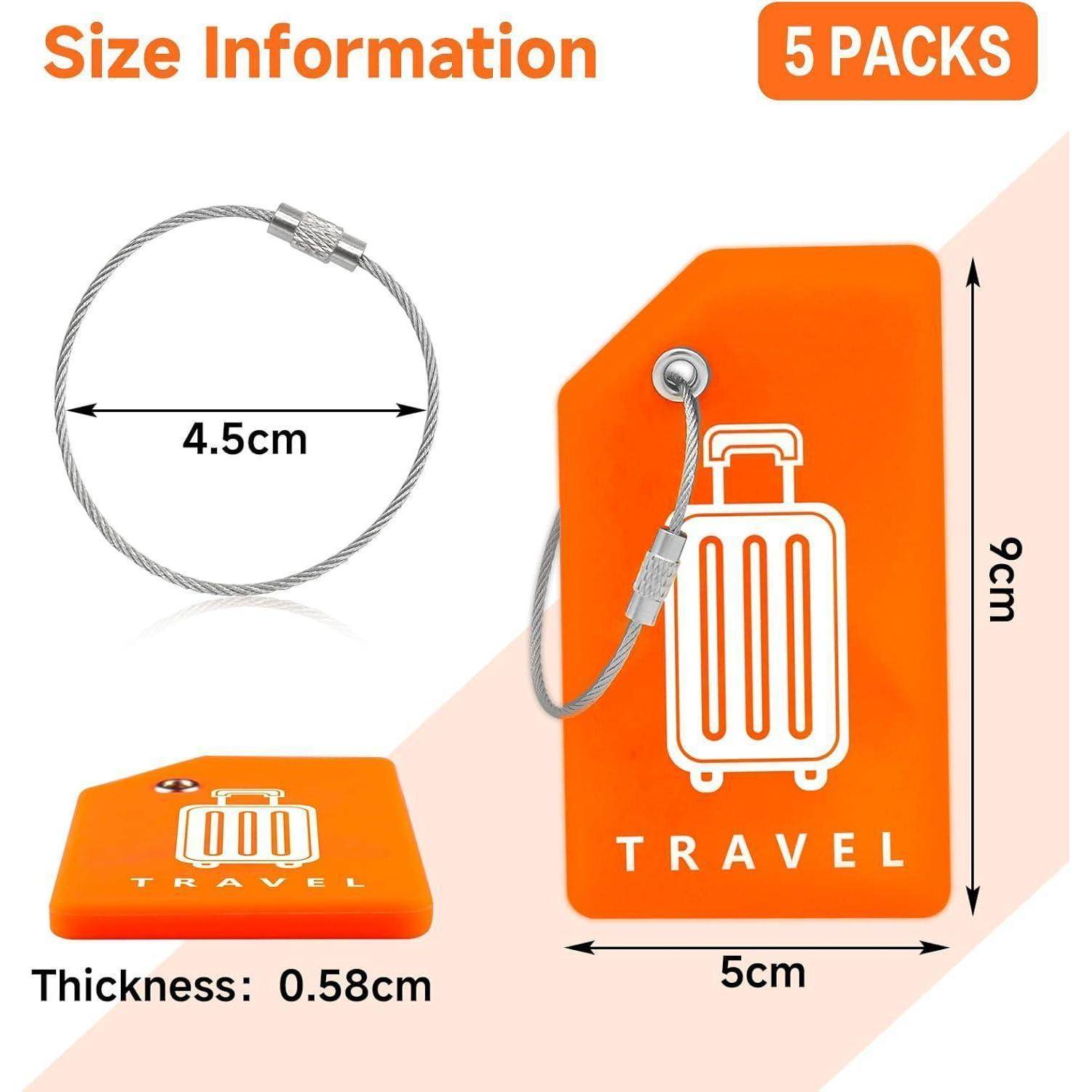 Reisegepäck-Etikett Größeninformationen für 5er-Pack Etiketten; Etikett misst 9 cm x 5 cm, Dicke 0,58 cm, mit einer 4,5 cm Kabelschlaufe.