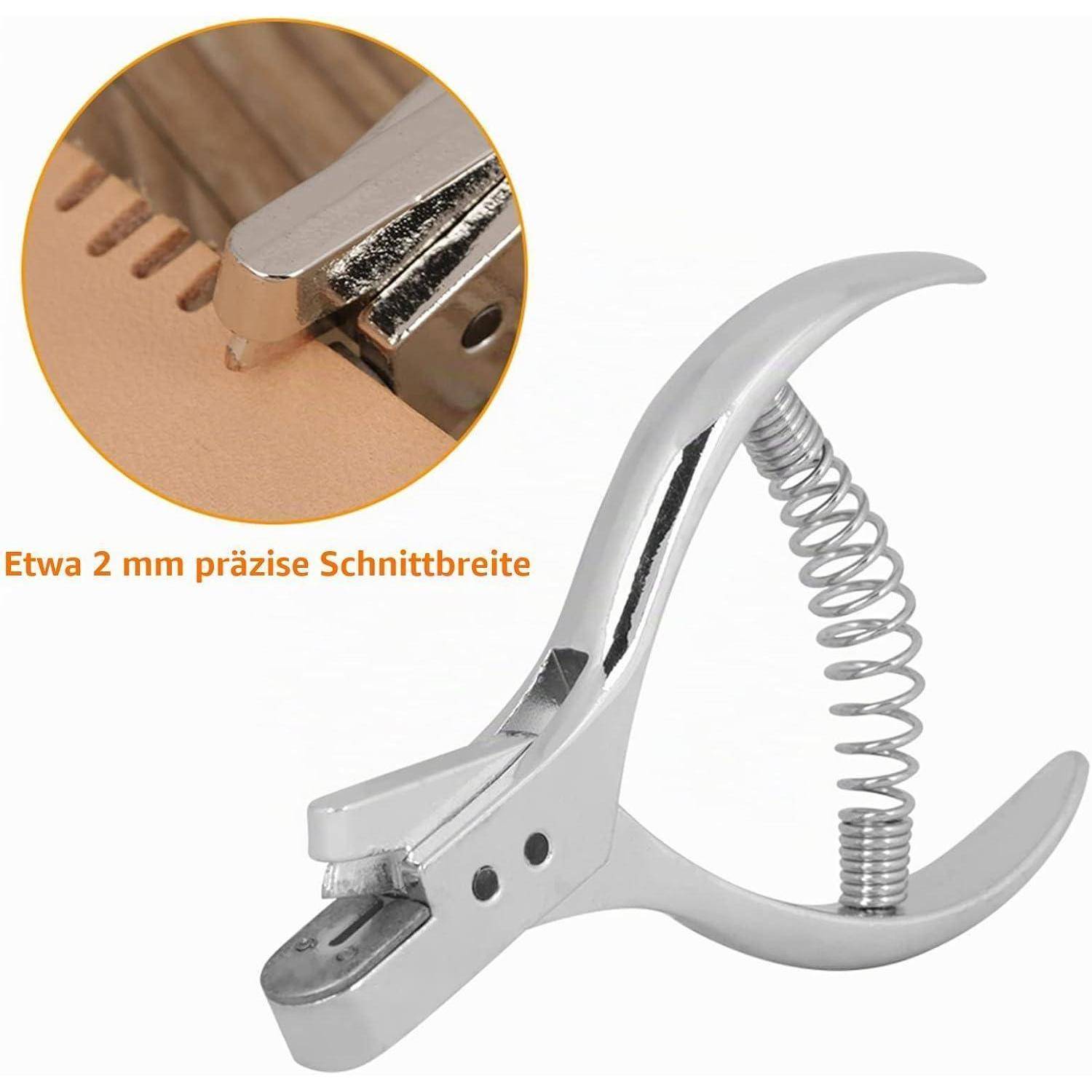 Silberne federbelastete Lederlochzange mit Detailansicht, die eine 2 mm präzise Schnittbreite auf Leder zeigt.