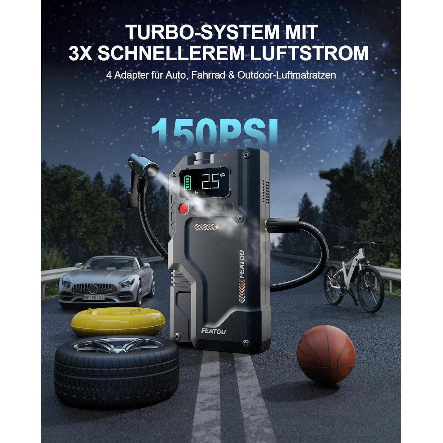 Starthilfe Powerbank mit Kompressor 6500A, Auto Starthilfe 12V für pkw mit Luftpumpe, Auto Starter Batterie Booster Powerpack(für 9.0L Benzin/8.5L