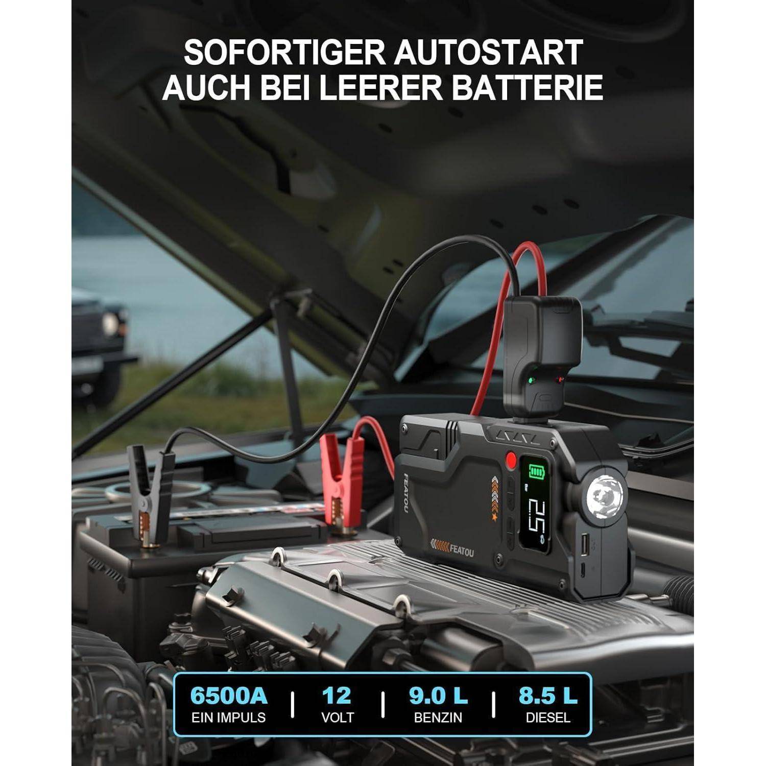 Starthilfe Powerbank mit Kompressor 6500A, Auto Starthilfe 12V für pkw mit Luftpumpe, Auto Starter Batterie Booster Powerpack(für 9.0L Benzin/8.5L