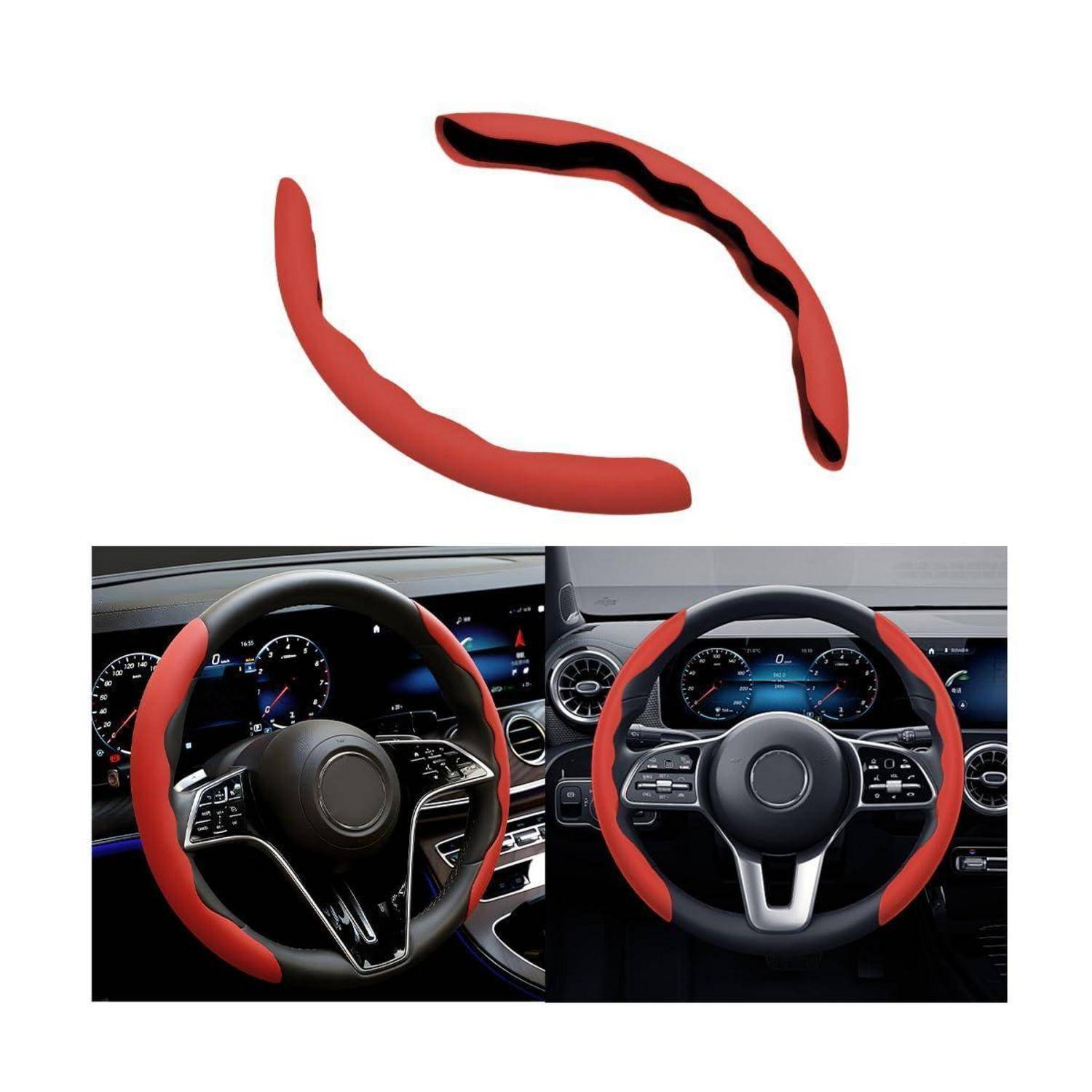Rot-schwarze Lenkradbezüge, oben abgebildet und auf zwei Autolenkrädern in einem Armaturenbrett-Interieur montiert.