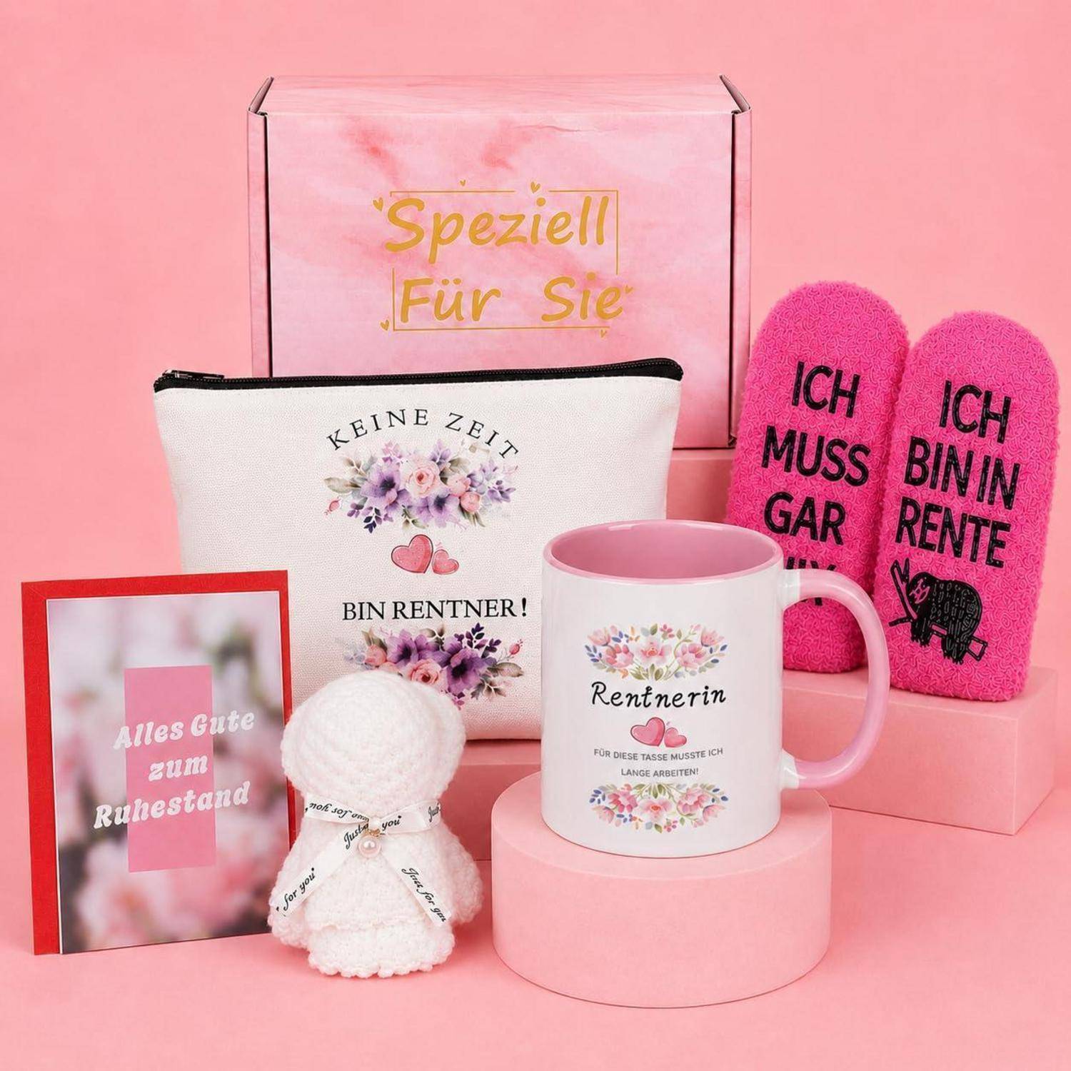 Rosa Ruhestandsgeschenkset mit Tasse, Beutel, Karte, Socke und kleine Plüschfigur, mit deutschem Text wie „Keine Zeit bin Rentner!