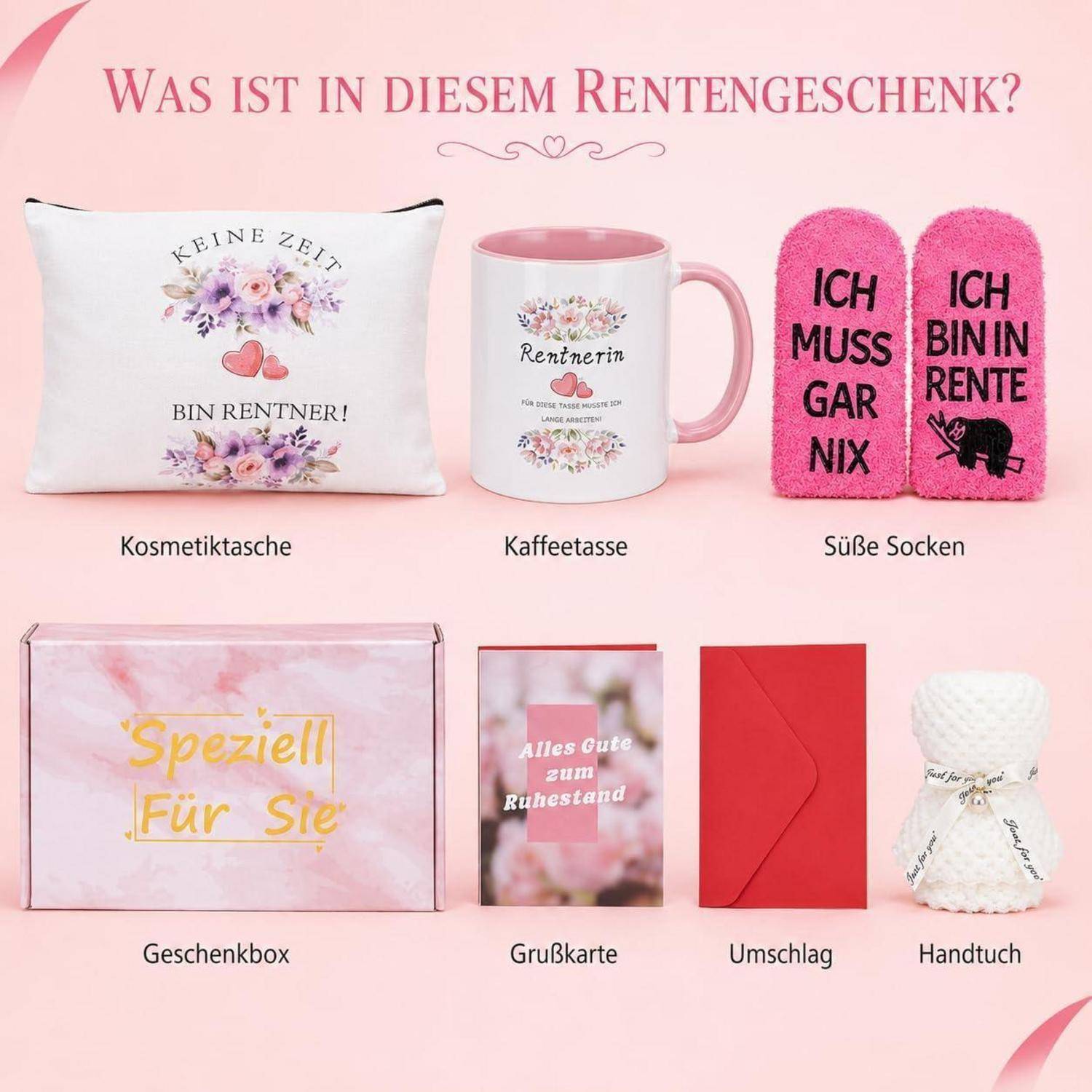 Rosafarbenes Geschenkset für einen Rentner, bestehend aus einer Kosmetiktasche, einer Kaffeetasse, Socken, einer Geschenkbox, einer Grußkarte, einem Umschlag und einem Handtuch mit deutschen Ruhestandsbotschaften.