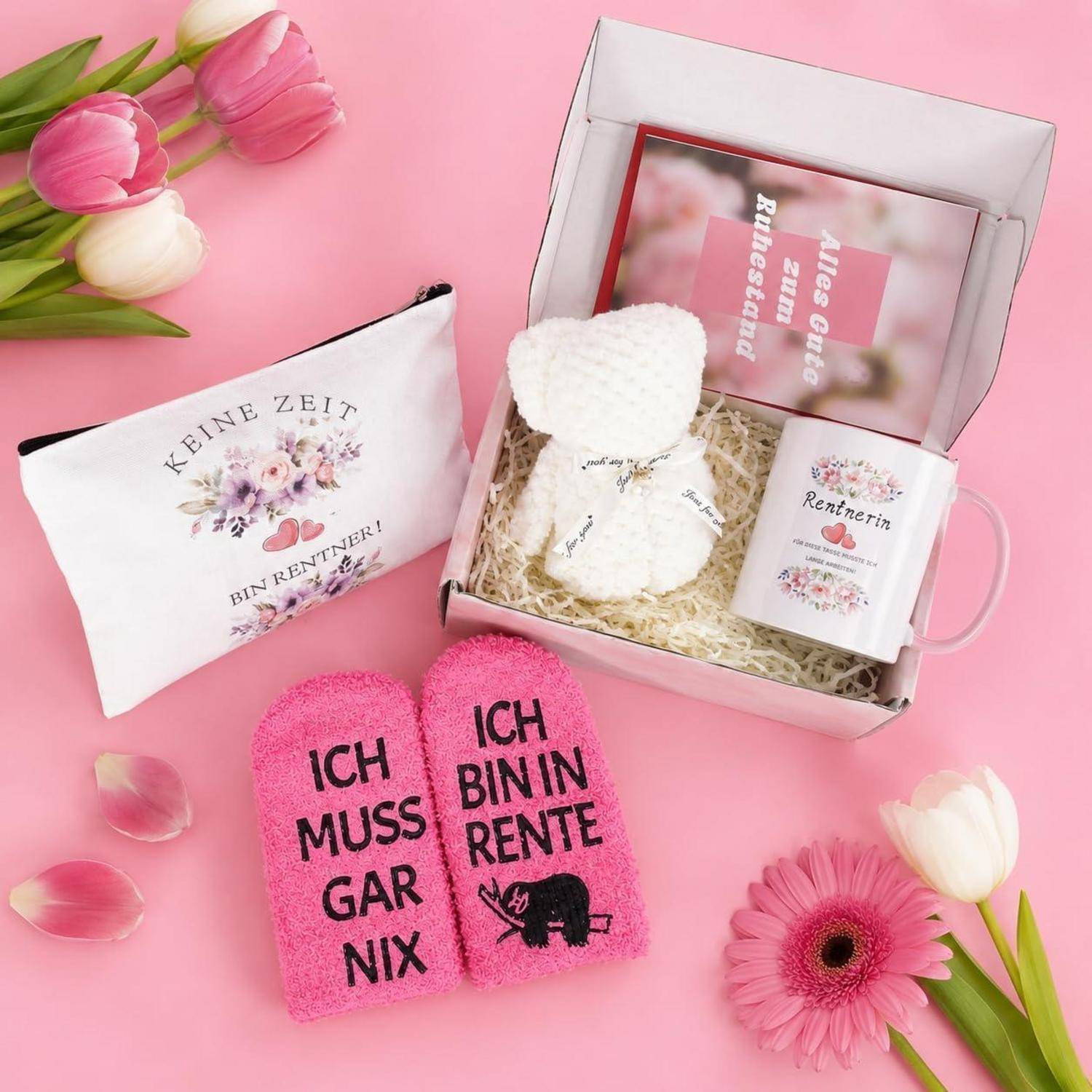 Rosa Rentnergeschenkset mit Tasse, Tasche, Socken, Handtuch und Kerze in einer Box, mit deutschen Texten wie „Ich bin in Rente