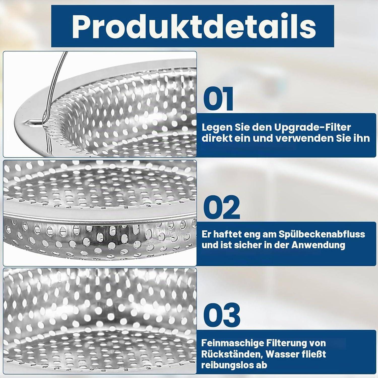 Produktdetails-Infografik mit einem Edelstahl-Spülbeckensieb in drei Schritten: einfaches Einsetzen, sitzt fest über dem Ablauf und filtert Rückstände, während Wasser frei fließt.