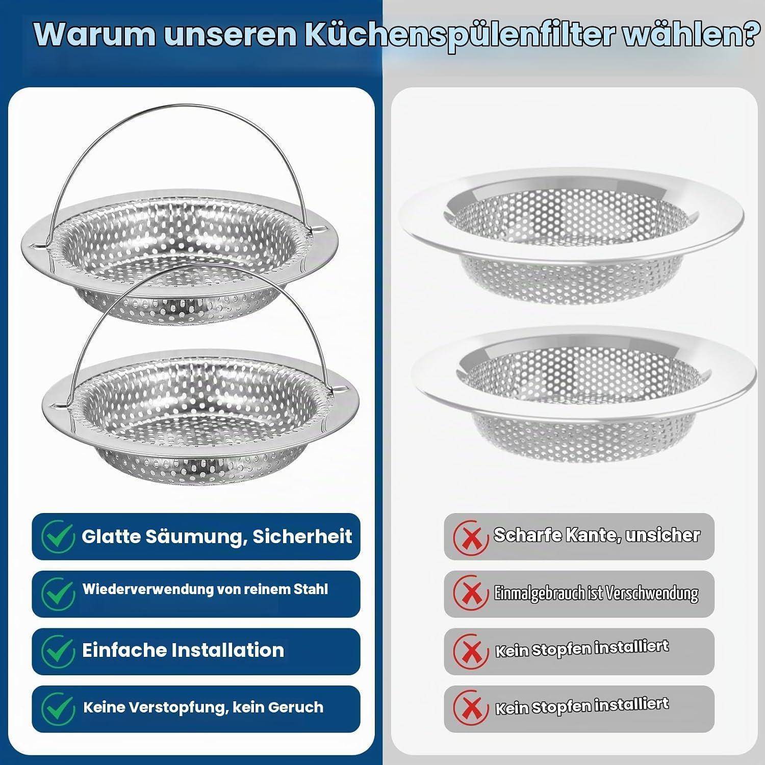 Vergleichsgrafik von Küchenspülensieben, die einen wiederverwendbaren Edelstahlkorb mit glatter Kante und Griff als sicherer, leichter zu installieren und verstopfungsfrei zeigt, im Vergleich zu einem scharfkantigen Einweg-Sieb.