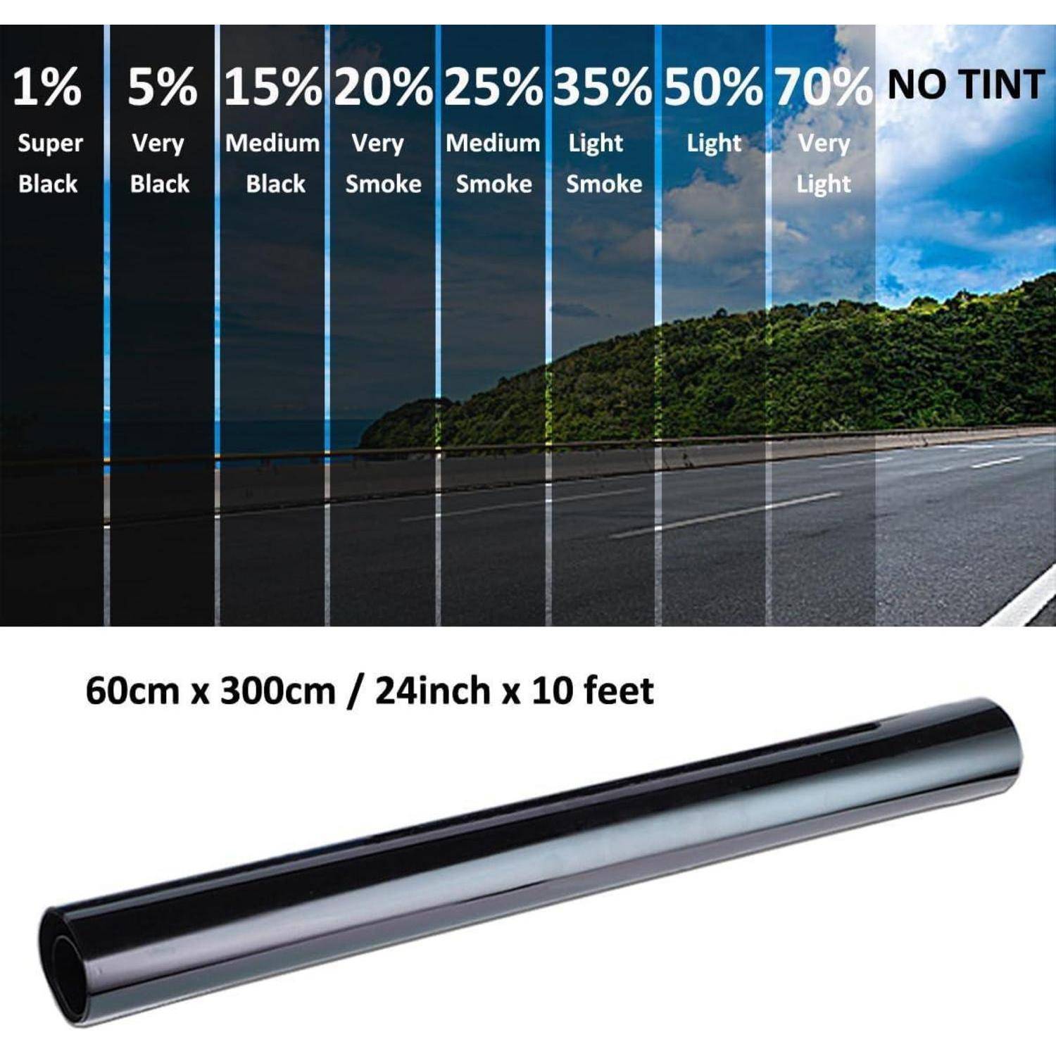 Fensterfolientönung zeigt Dunkelstufen von 1% Super Schwarz bis 70% sehr hell und keine Tönung, mit Größe angegeben als 60cm x 300cm / 24 Zoll x 10 Fuß.