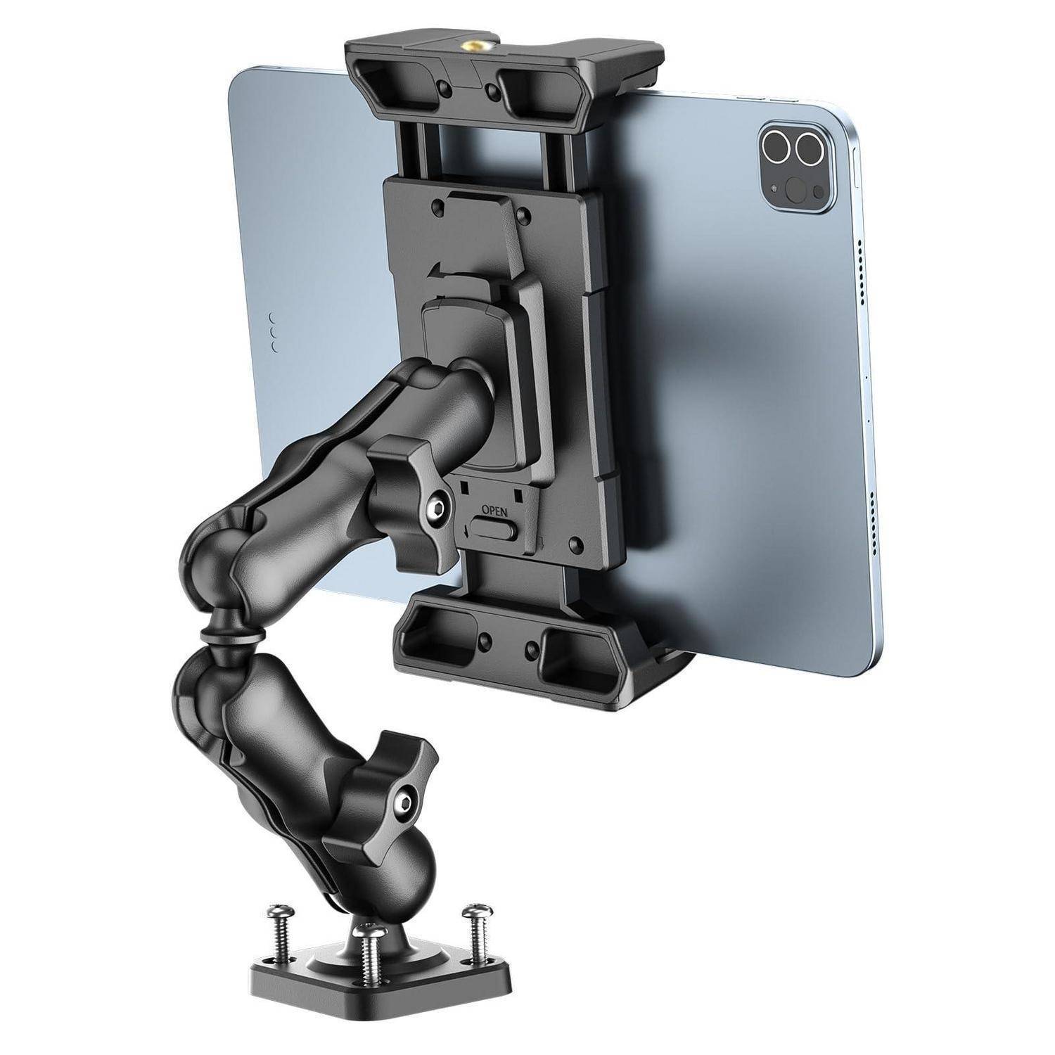 Verstellbarer Roboter-Arm-Tablet-Halter, der ein Tablet aufrecht auf einer Basis mit Schraubenlöchern zum Befestigen am Schreibtisch oder an der Maschine hält.