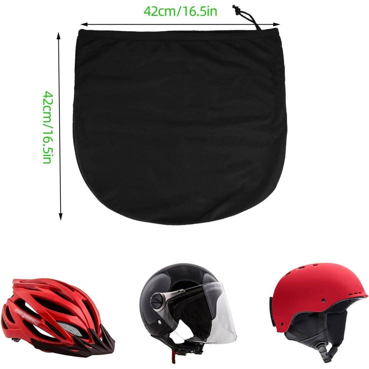 Schwarze 42 cm x 42 cm Kordelzughelmmütze, oben gezeigt mit drei Helmbeispielen: Fahrradhelm, offener Helm und roter Helm.