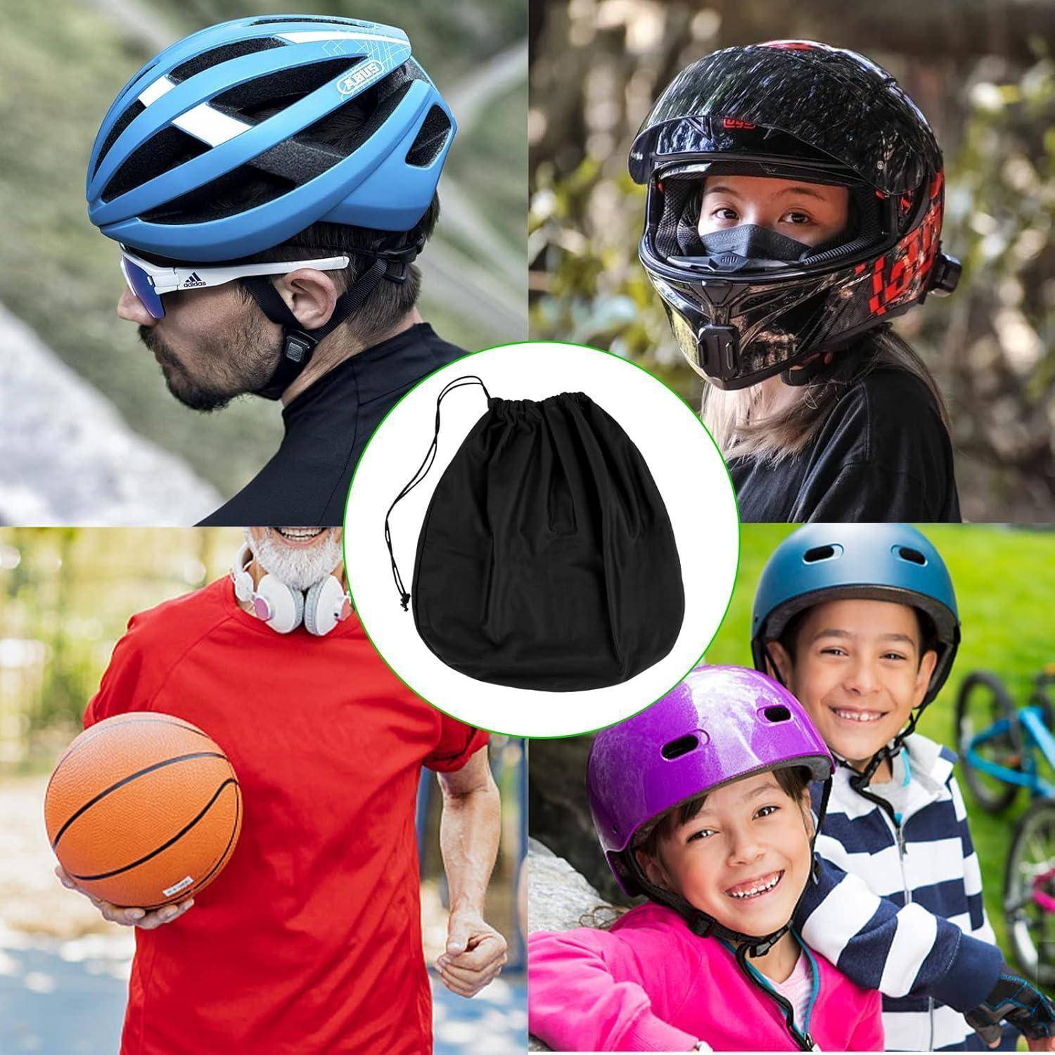 Collage mit Personen, die Helme zum Radfahren und Sport tragen, mit einer schwarzen Helmtasche mit Kordelzug in der Mitte.