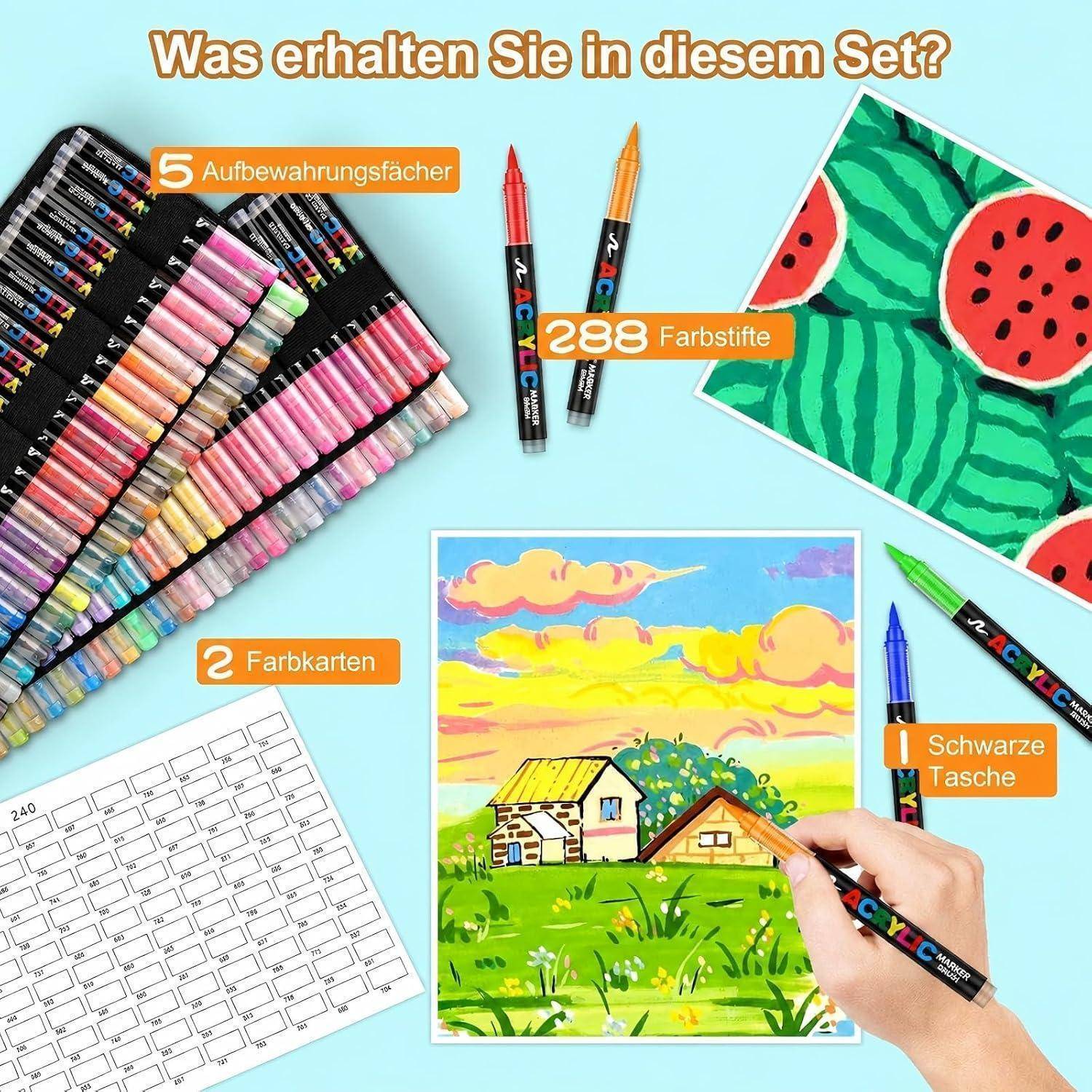 Inhalte des Kunstsets auf blauem Hintergrund gezeigt: 288 Farbstifte, 5 Aufbewahrungsfächer, 2 Farbdiagramme, schwarze Tasche und eine Beispiellandschaftszeichnung.