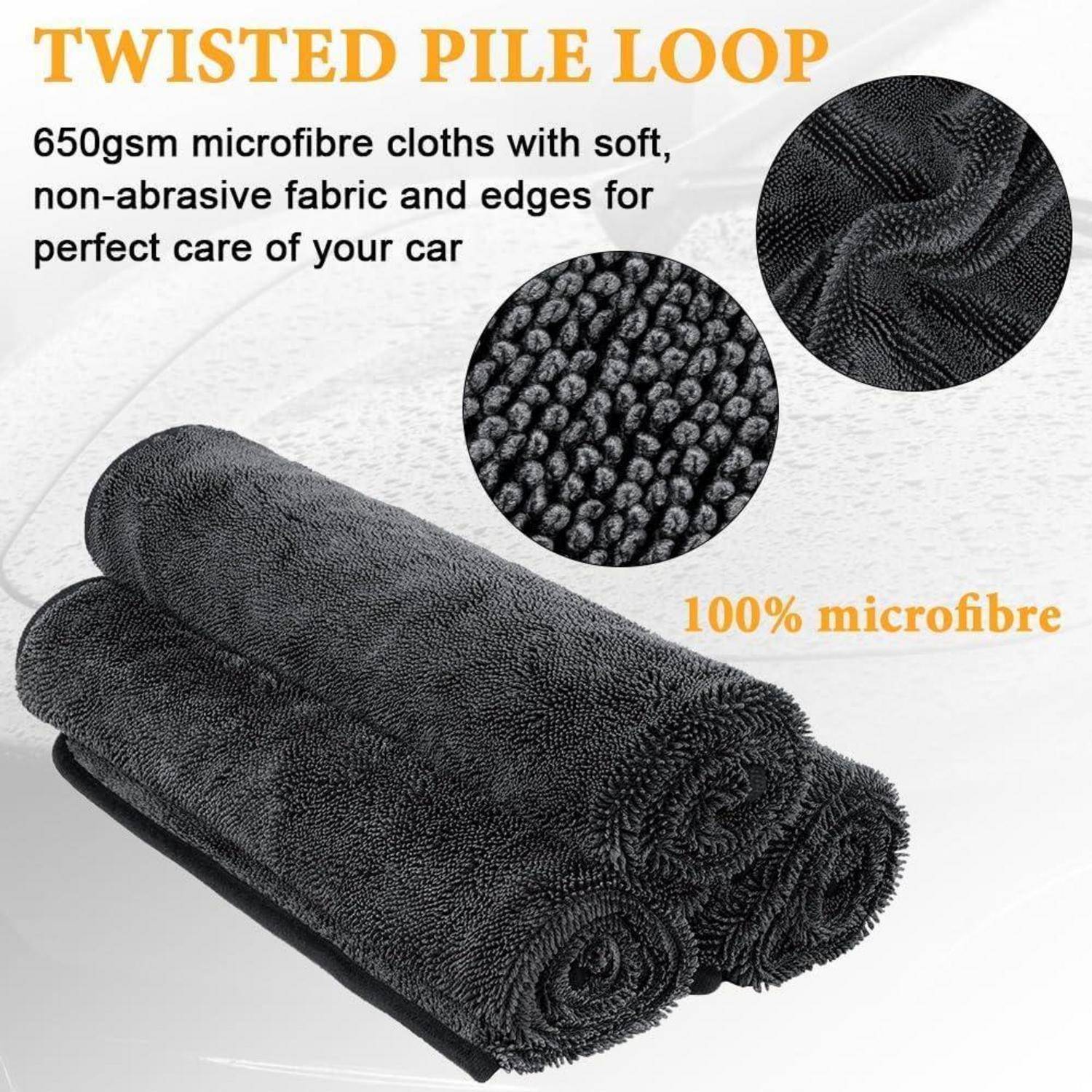 Angebot für Twisted Pile Loop 650gsm Mikrofaser-Tücher, zeigt gerollte schwarze Autopflege-Handtücher und Nahaufnahmen von Texturdetails, gekennzeichnet mit „100% Mikrofaser