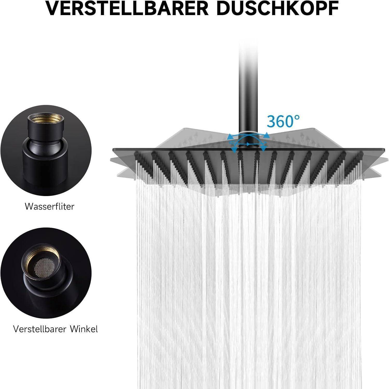 Diagramm eines verstellbaren Duschkopfes mit 360°-Rotation und Wasserfilter, das eine breite Regenfallsprühung zeigt; Detailansichten mit Beschriftungen „Wasserfilter