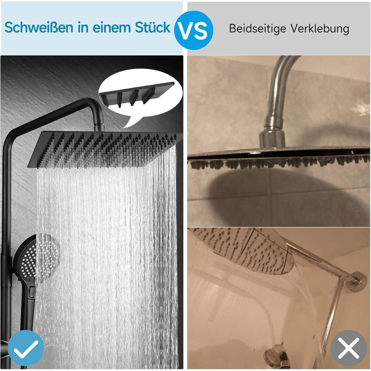 Vergleichsgrafik der Duschkopfmontage: 'Schweißen in einem Stück' ist als korrekt gekennzeichnet mit einer starken verschweißten Verbindung, während 'Beidseitige Verklebung' als falsch gekennzeichnet ist mit geklebten Teilen.