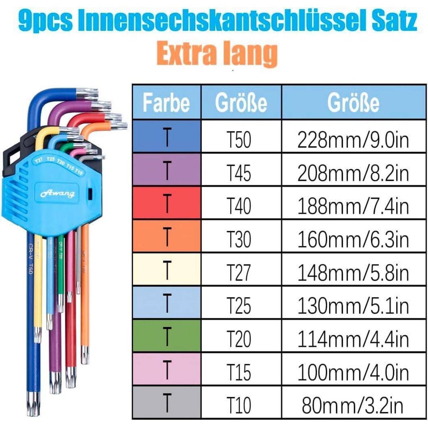 Bild eines extra-langen 9-teiligen Torx-Schlüsselsatzes mit farbcodierter Größe T10-T50 und einer Tabelle, die jede Größe in mm und Zoll auflistet.