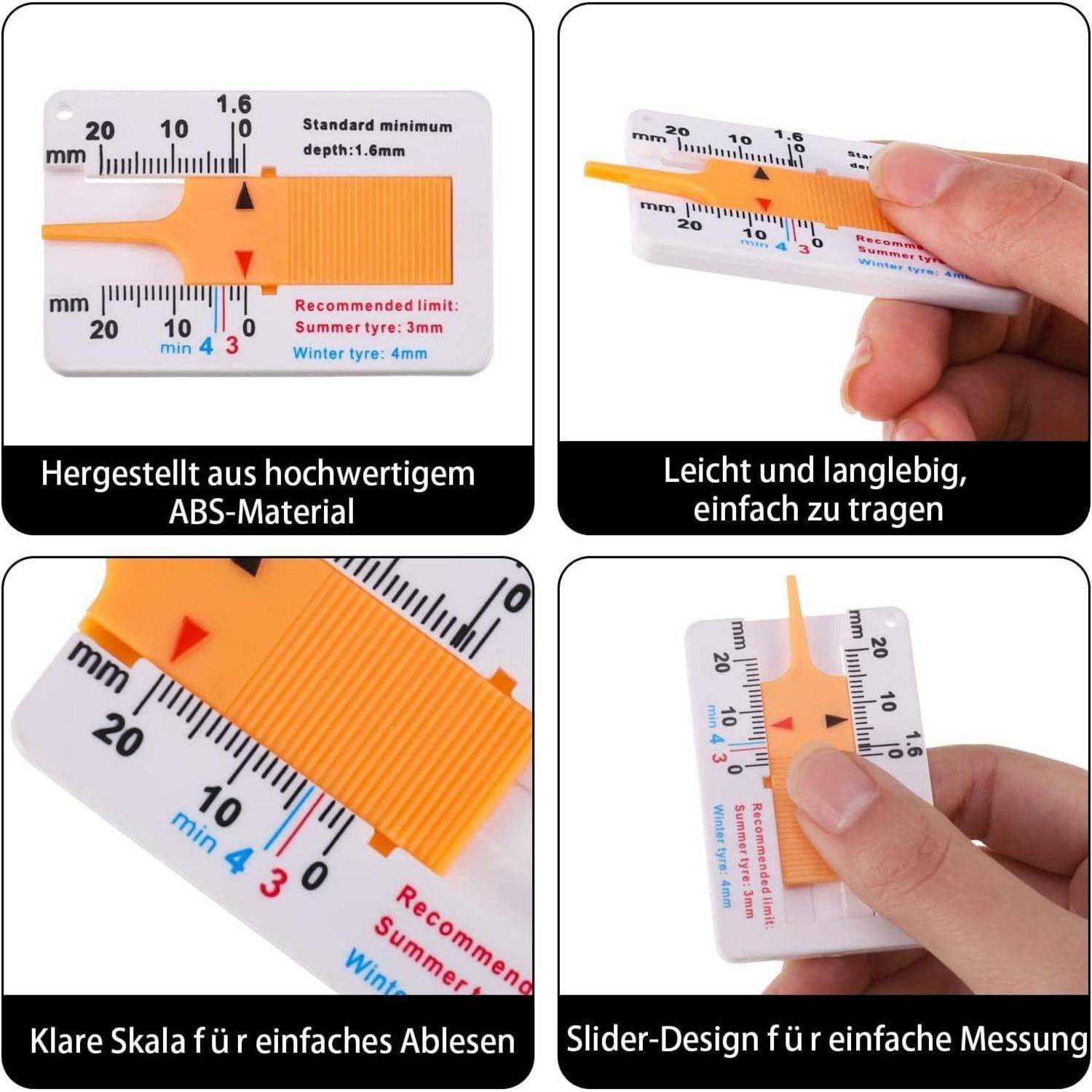4 Stücke Reifen Profiltiefenmesser, Kunststoff Reifenprofiltiefenmesser Profiltiefenmesser für Reifen, 0-20mm Profile Depth Gauge Tread Depth Gauge