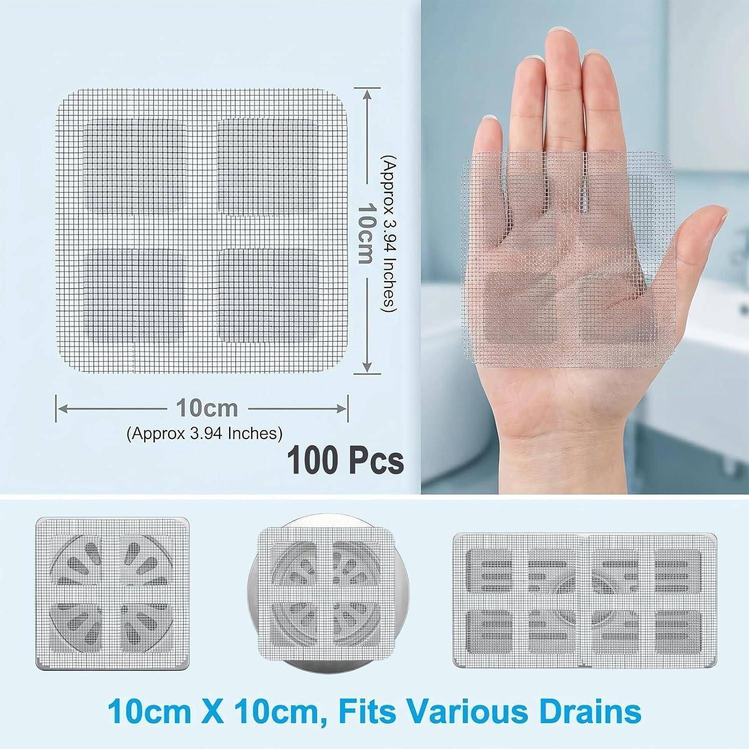 Klebende Drainagefilterauflagen, 10 cm quadratisch, in Anwendung auf einer Hand und auf verschiedenen Drainagetypen gezeigt; Packung mit 100 Stück.