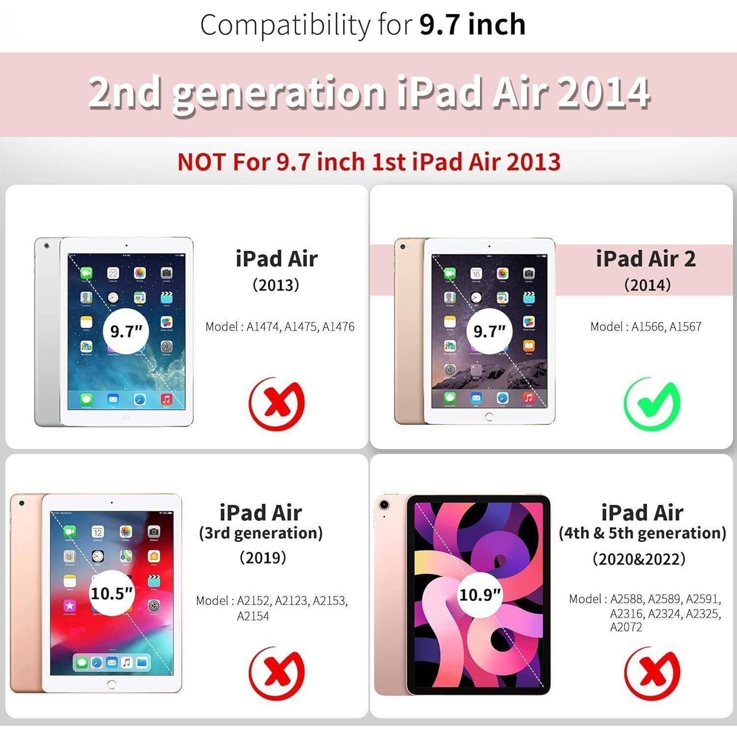 Kompatibilitätsdiagramm für 9,7-Zoll iPad Air 2. Generation 2014: nur iPad Air 2 (2014) ist kompatibel; iPad Air 2013, iPad Air 3 (2019) und iPad Air 4/5 sind nicht kompatibel.