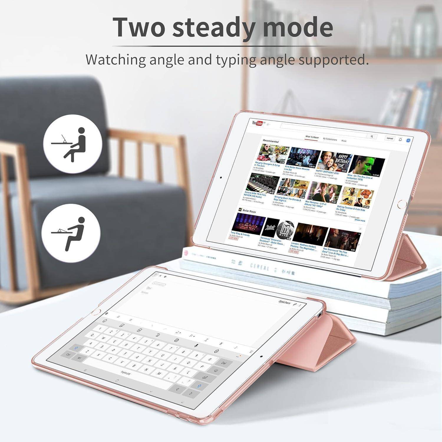 Werbebild einer Tablet-Schutzhülle in zwei stabilen Modi, die sowohl Ansicht- als auch Tippwinkel unterstützt, mit Video-Miniaturansichten auf dem Bildschirm und Tastatur-Tippen.