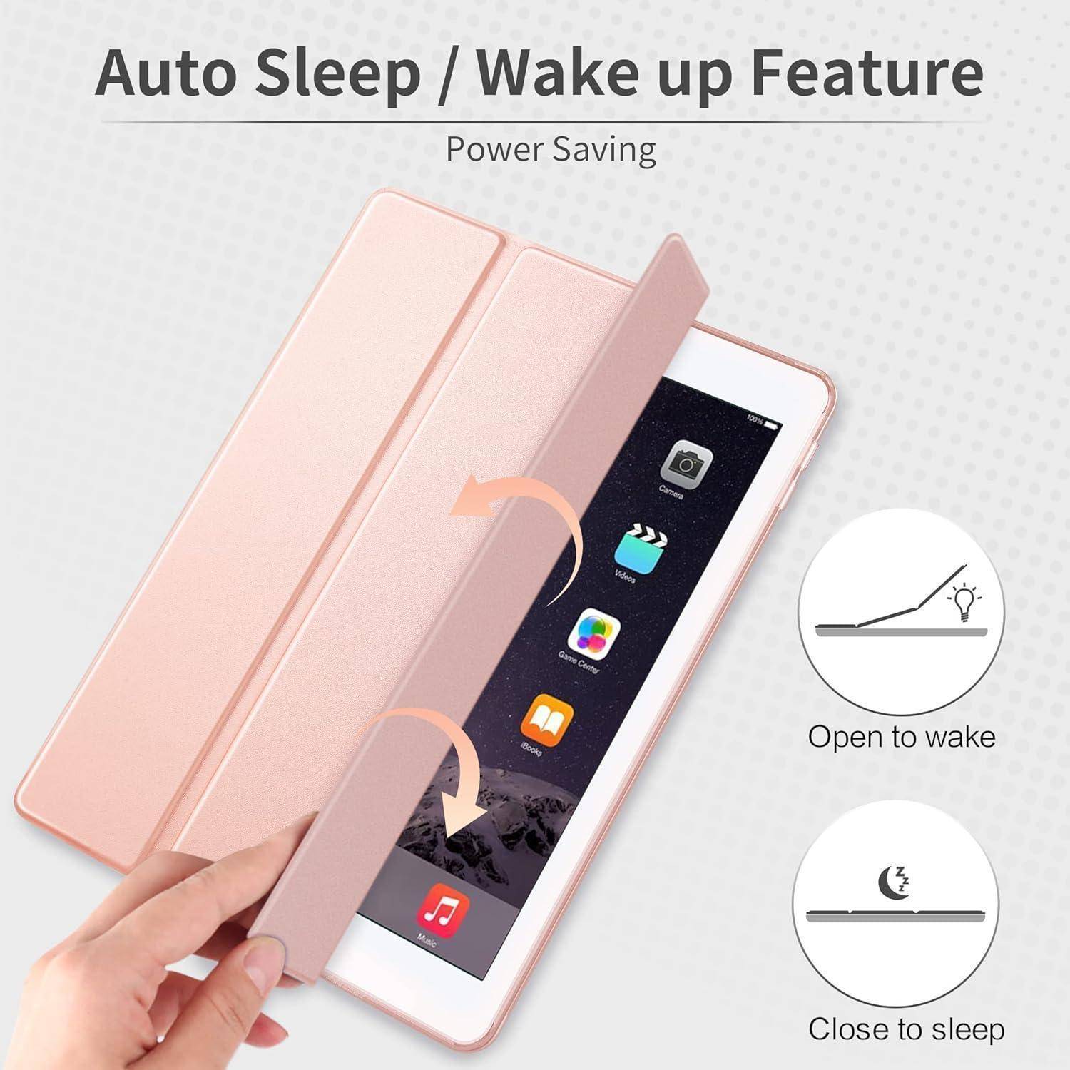 Illustration einer Tablet-Schutzhülle mit „Auto Sleep / Wake up Feature" und „Power Saving""; das Öffnen der Hülle aktiviert den Bildschirm, das Schließen versetzt das Tablet in den Schlafmodus.