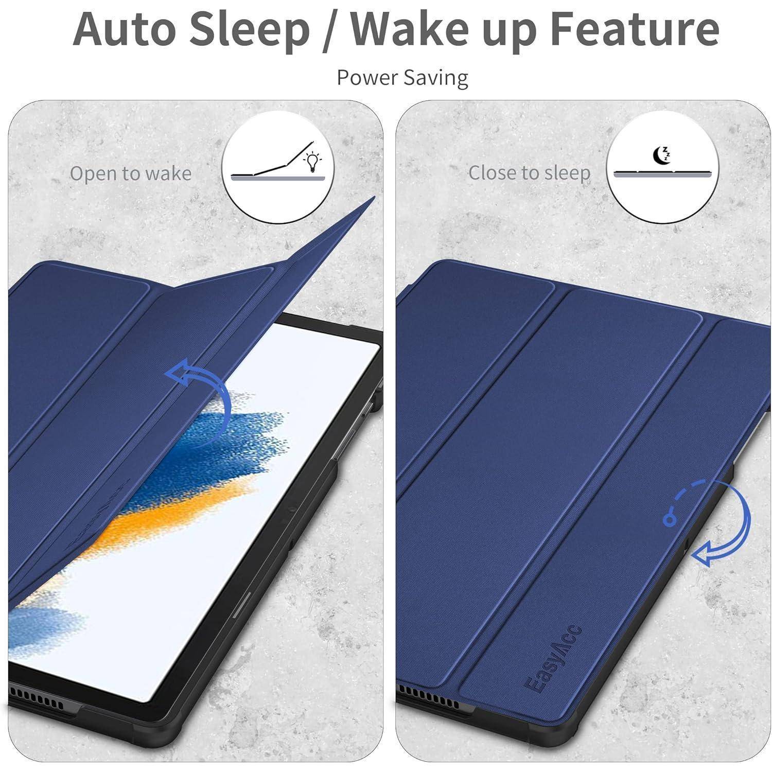 Zweiseitiges Grafikbild zeigt die automatische Sleep/Wake-Funktion einer Tablet-Hülle: Öffnen Sie die Abdeckung, um den Bildschirm zu aktivieren, schließen Sie sie, um ihn in den Ruhemodus zu versetzen und Energie zu sparen.