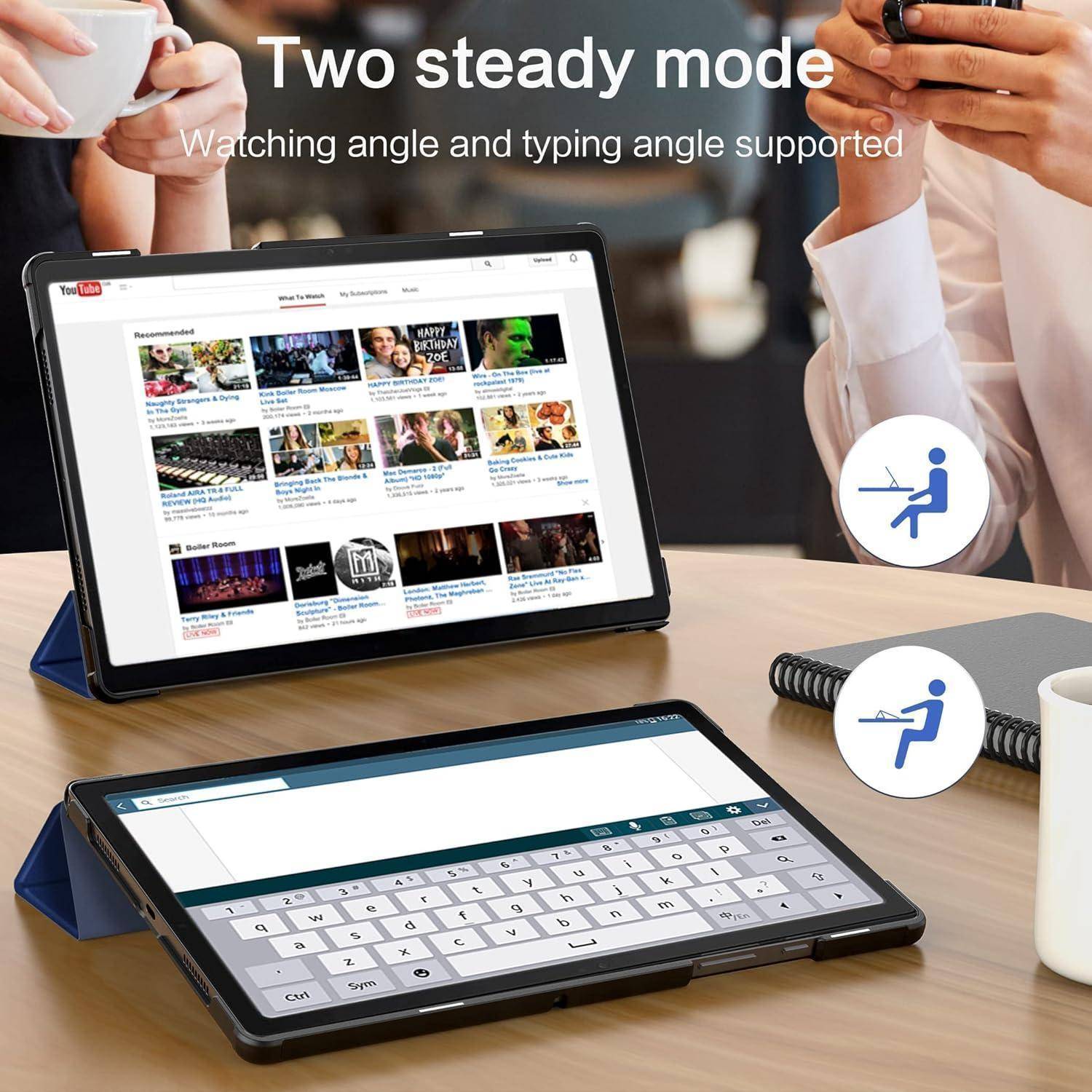 Tablet in zwei Standfunktionen, zeigt eine Videoseite im Hochformat und ein Tastaturlayout im Flachformat, illustriert unterstützte Anzeigewinkel und Tippwinkel.