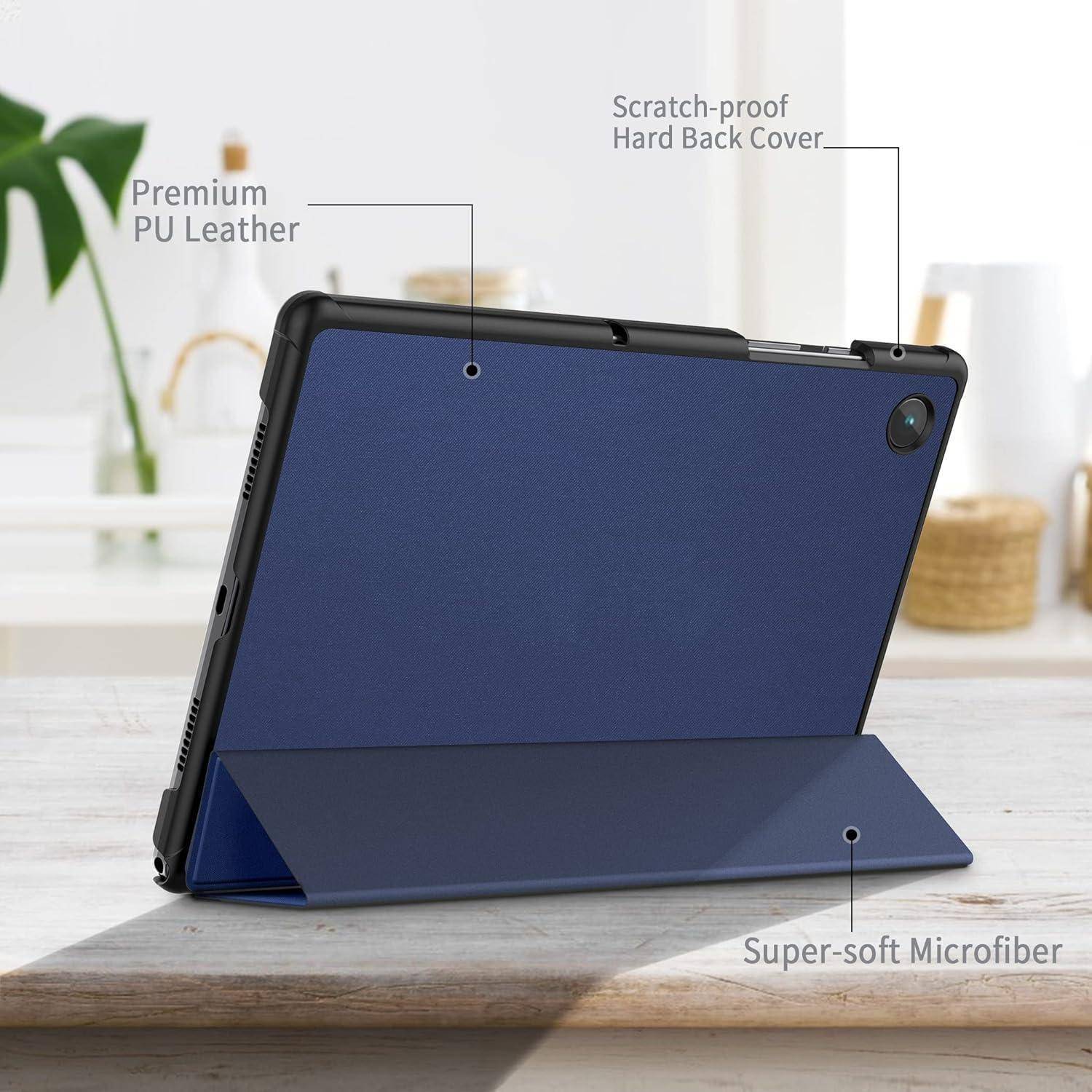 Blaue Tablet-Schutzhülle mit klappbarem Ständer, mit Premium-PU-Leder gekennzeichnet, kratzfeste robuste Rückseite und ultra-weiches Mikrofaser-Innenfutter.