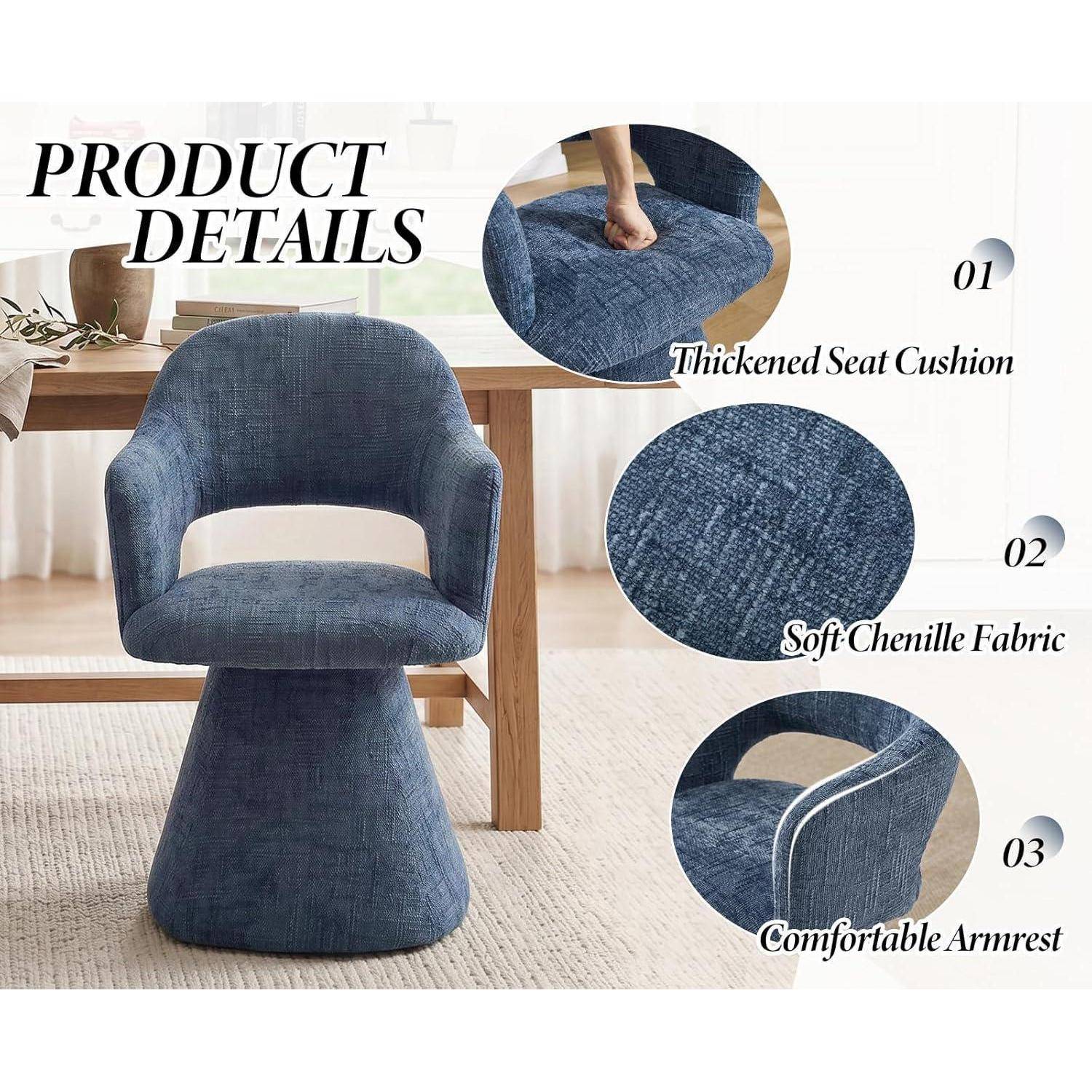 Esszimmerstühle Drehbar, Polsterstuhl mit Armlehnen, Blau | Küchenstuhl aus Chenille, Schminkstuhl, Dining Chair für Esszimmer &amp; Wohnzimmer Blau